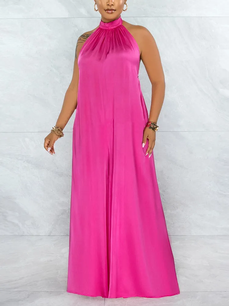 Satin Backless Halter Jumpsuit