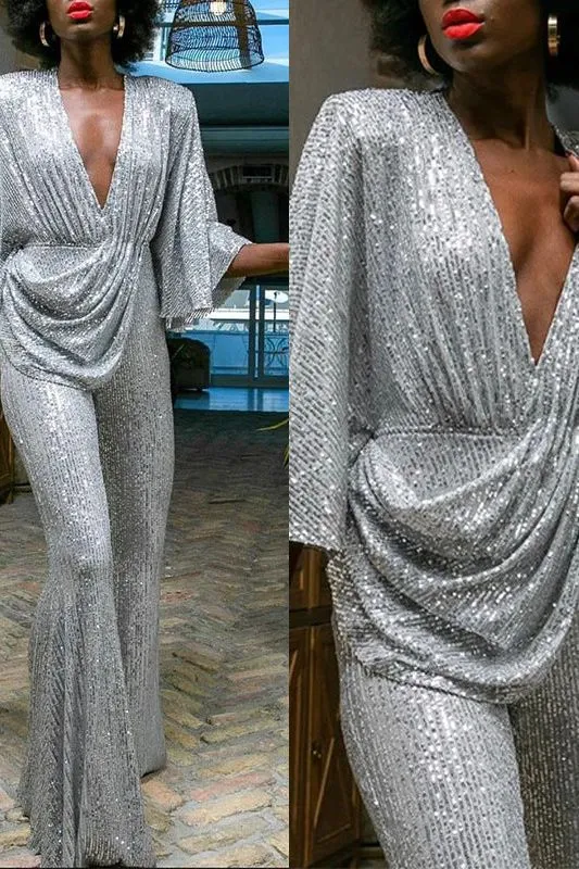 Sequined sexy deep V backless jumpsuit