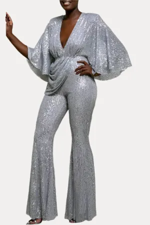 Sequined sexy deep V backless jumpsuit