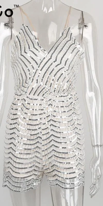 Sexy sequin backless jumpsuit rompers women Adjustable strap evening party overalls Fashion club short playsuit leotard