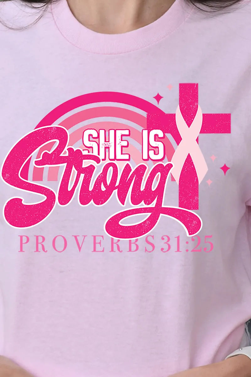 She Is Strong Pink Ribbon Short Sleeve Relaxed Fit T-Shirt