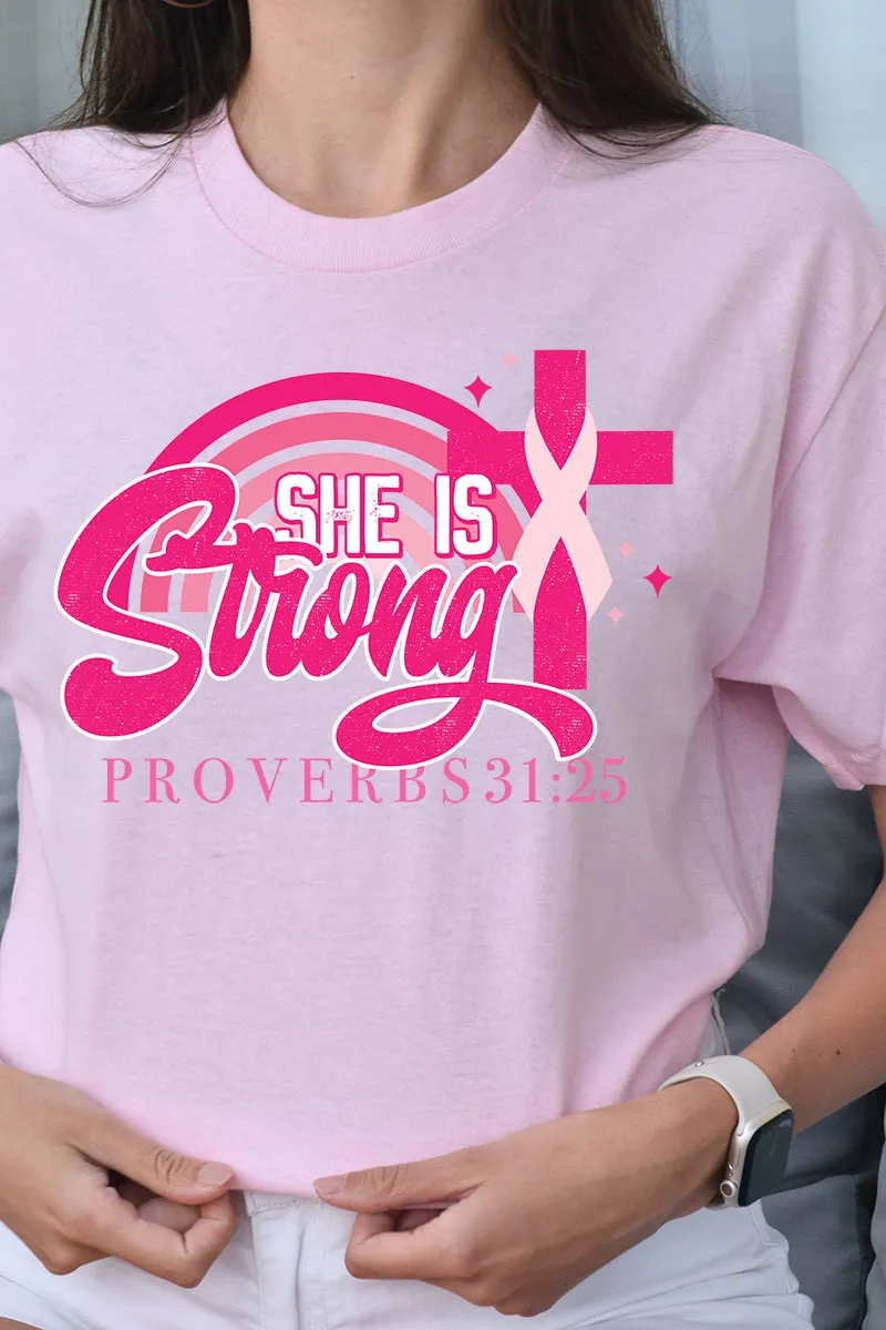 She Is Strong Pink Ribbon Short Sleeve Relaxed Fit T-Shirt
