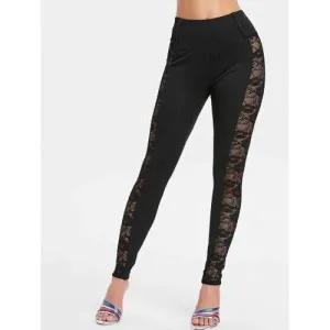 Sheer Lace Insert Casual Leggings - Black Xl