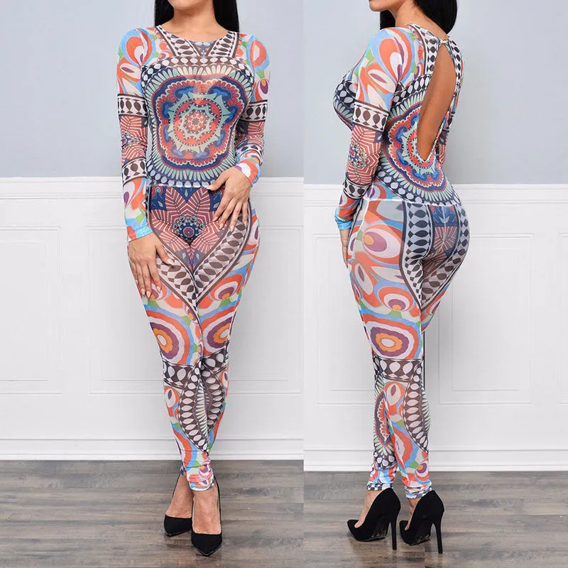 Sheer Mesh Aztec Tribal Printed Backless Jumpsuit
