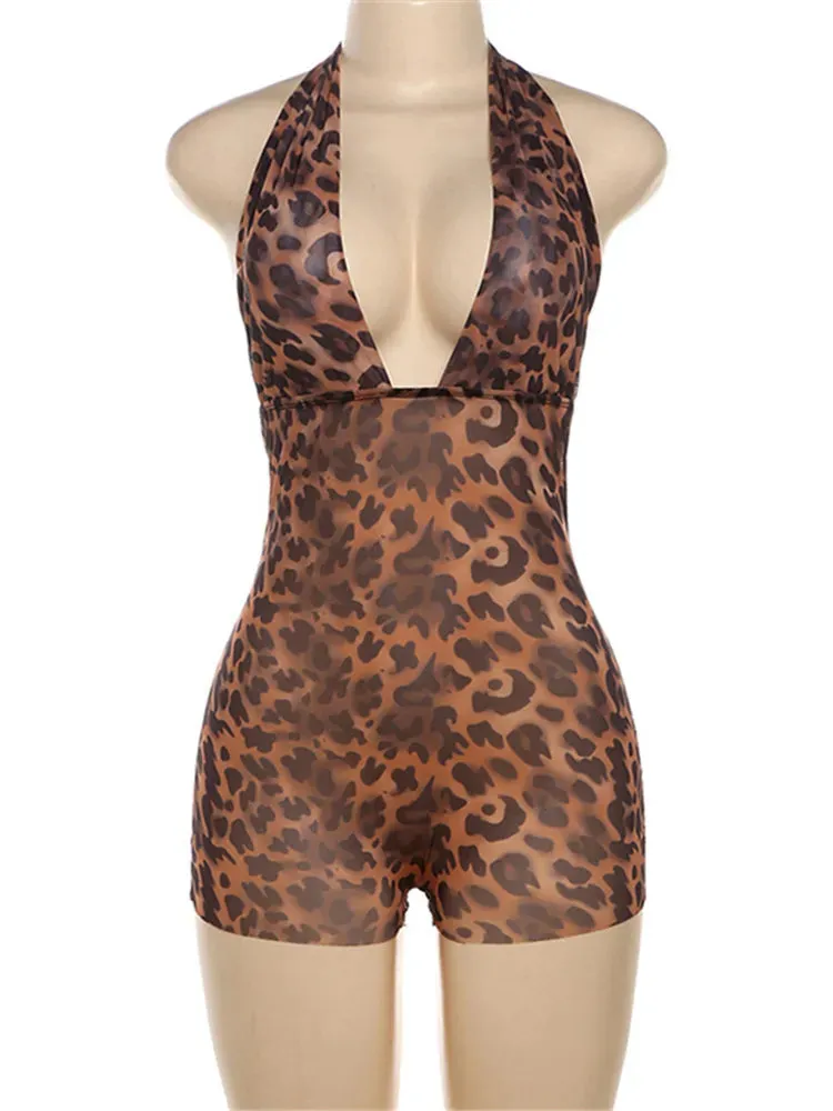 Simenual Harajuku Chic Leopard Print Skinny Hlater Bandage Playsuits Sexy Hot Deep V Mesh Sheer Rompers Women Backless Clubwear