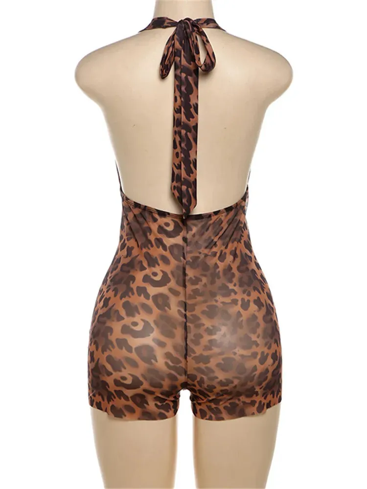Simenual Harajuku Chic Leopard Print Skinny Hlater Bandage Playsuits Sexy Hot Deep V Mesh Sheer Rompers Women Backless Clubwear