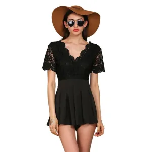 Simplee lace stitching high waist elegant rompers womens jumpsuit Sexy v neck backless overalls Black party playsuits