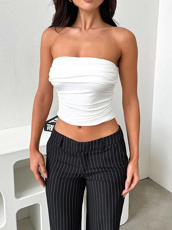 Skinny Sleeveless Pleated Solid Color Tube Vest Top