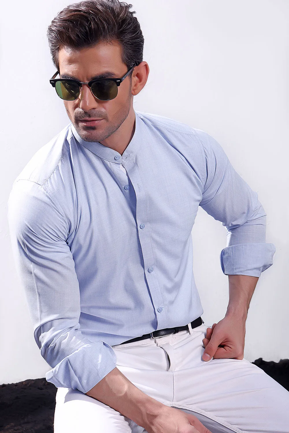 Sky Blue Linen With Stand-Up Collar Shirt
