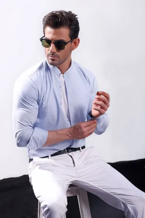 Sky Blue Linen With Stand-Up Collar Shirt