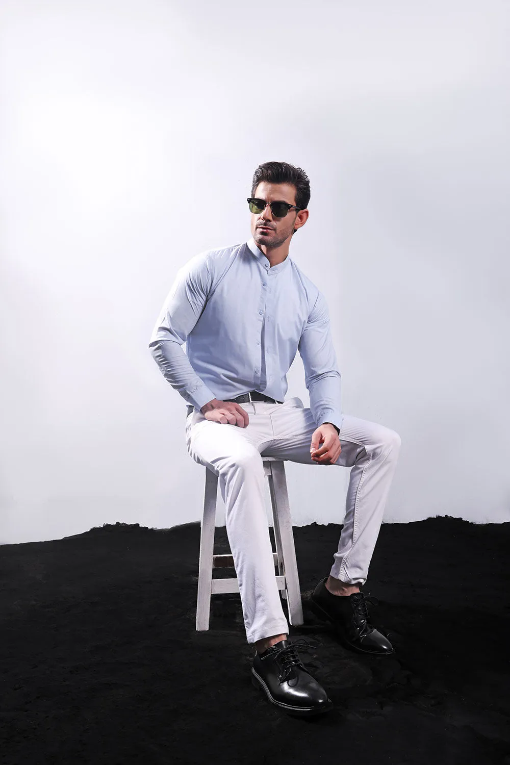 Sky Blue Linen With Stand-Up Collar Shirt