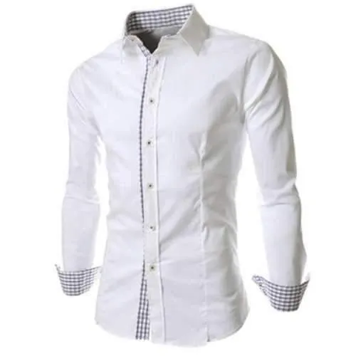 Slimming Trendy Turn-down Collar Checked Print Splicing Long Sleeves Men's Cotton Blend Shirt - White Xl