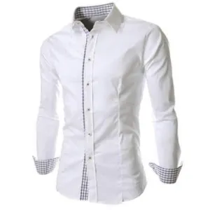 Slimming Trendy Turn-down Collar Checked Print Splicing Long Sleeves Men's Cotton Blend Shirt - White Xl