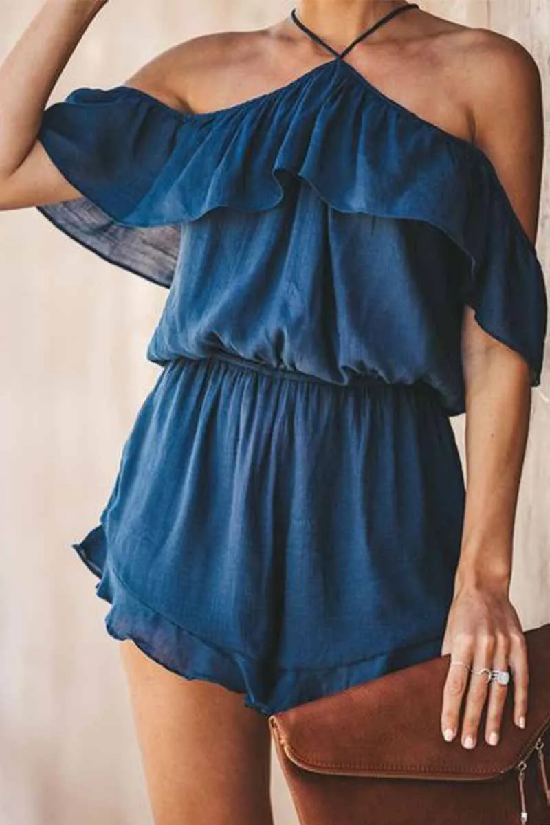 Solid Color Slub Cotton Sling Ruffled Backless Jumpsuit