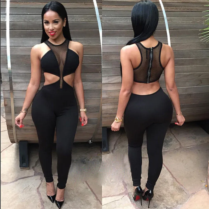 Stretch Mesh Sheer Overall Backless Patchwork O-neck Jumpsuit