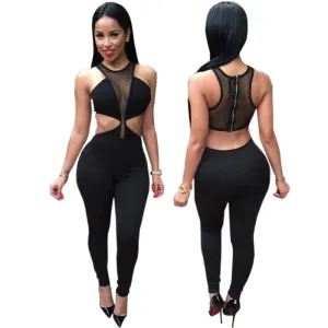 Stretch Mesh Sheer Overall Backless Patchwork O-neck Jumpsuit