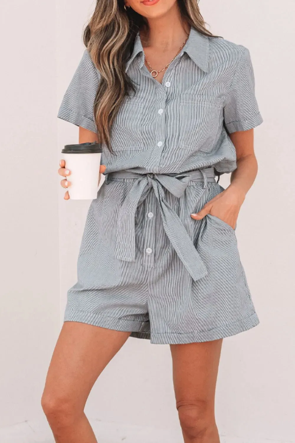 Stripe Chest Pockets Tie Waist Romper
