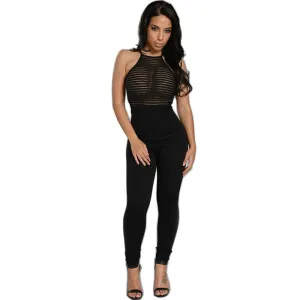 Stripe Mesh Sheer Backless Patchwork Sleeveless Jumpsuit