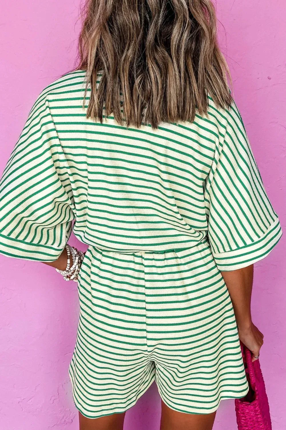 Striped Half Sleeve Tie Waist Romper
