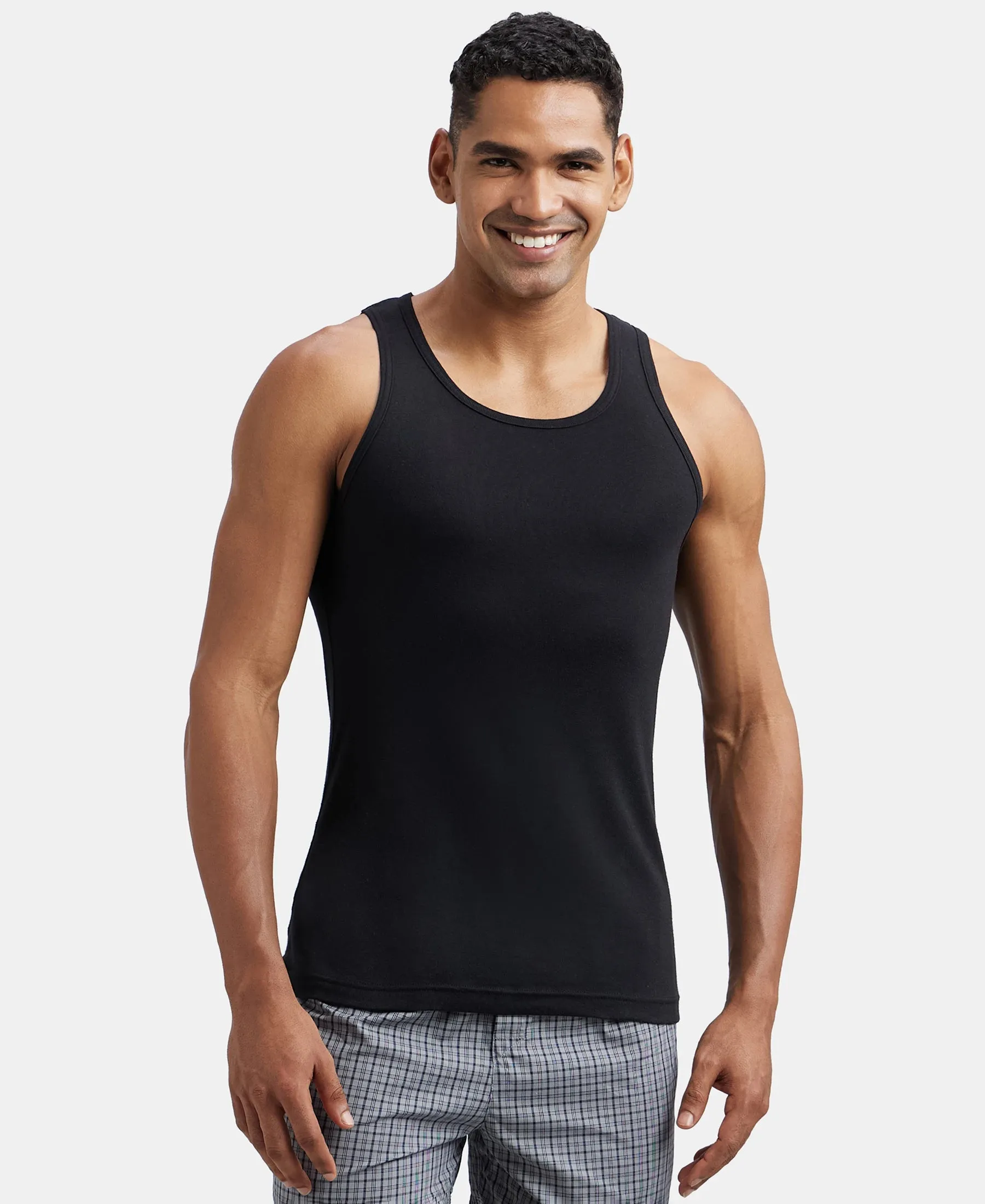 Super Combed Cotton Rib Round Neck Sleeveless Vest - Black & Neon Blue