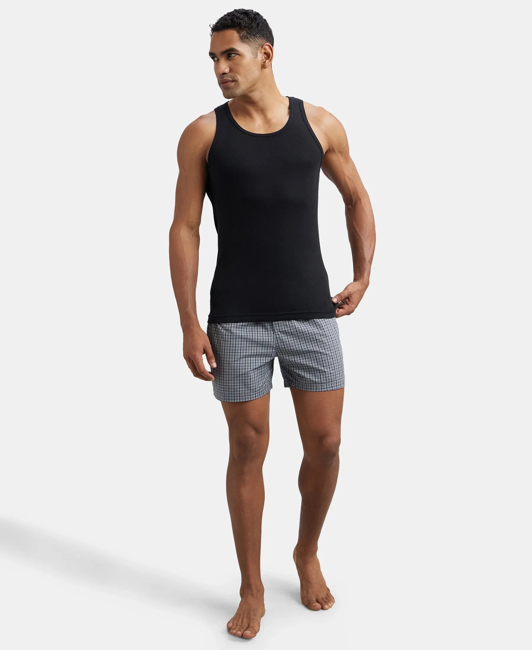 Super Combed Cotton Rib Round Neck Sleeveless Vest - Black & Neon Blue