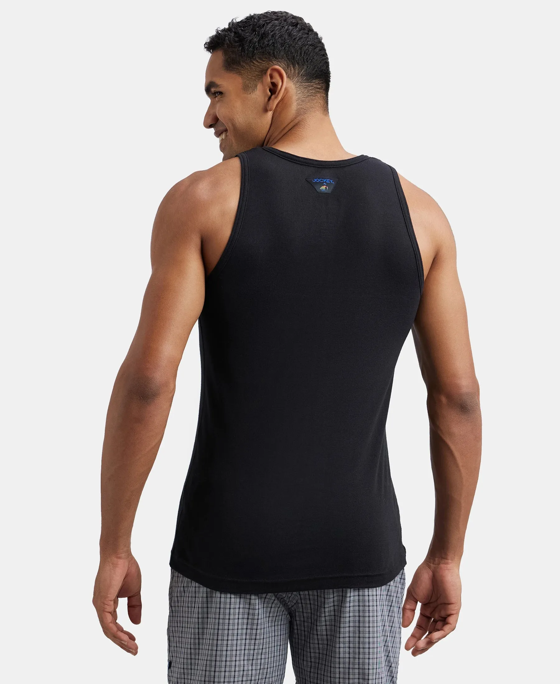 Super Combed Cotton Rib Round Neck Sleeveless Vest - Black & Neon Blue
