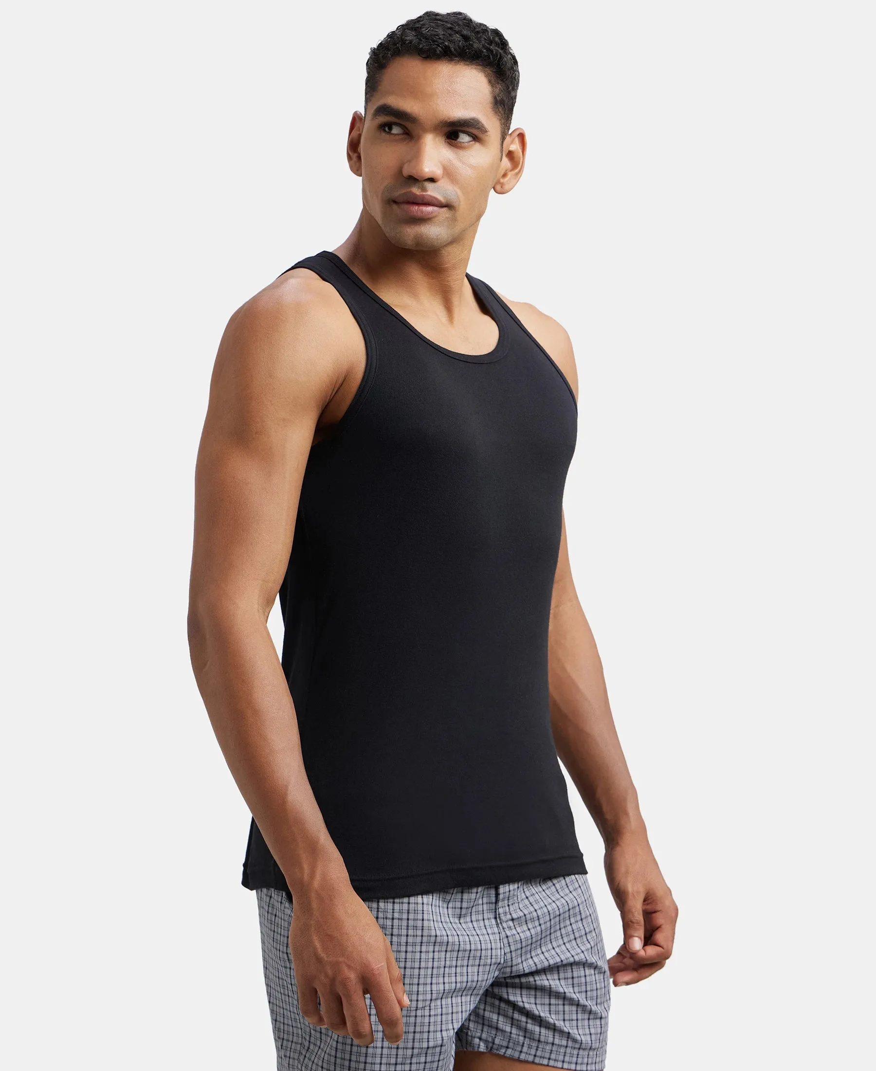 Super Combed Cotton Rib Round Neck Sleeveless Vest - Black & Neon Blue