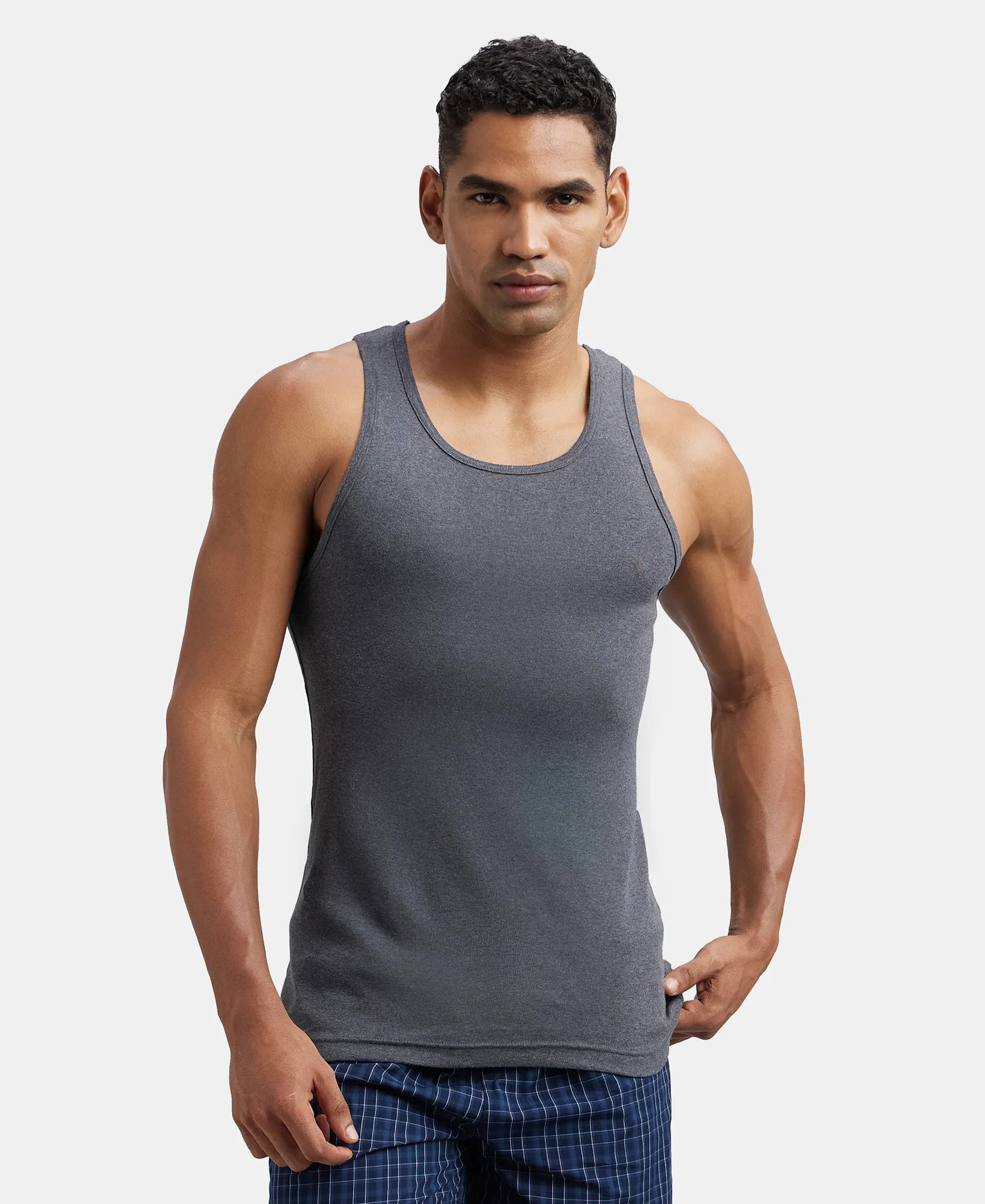 Super Combed Cotton Rib Round Neck Sleeveless Vest - Charcoal Melange & Neon Orange
