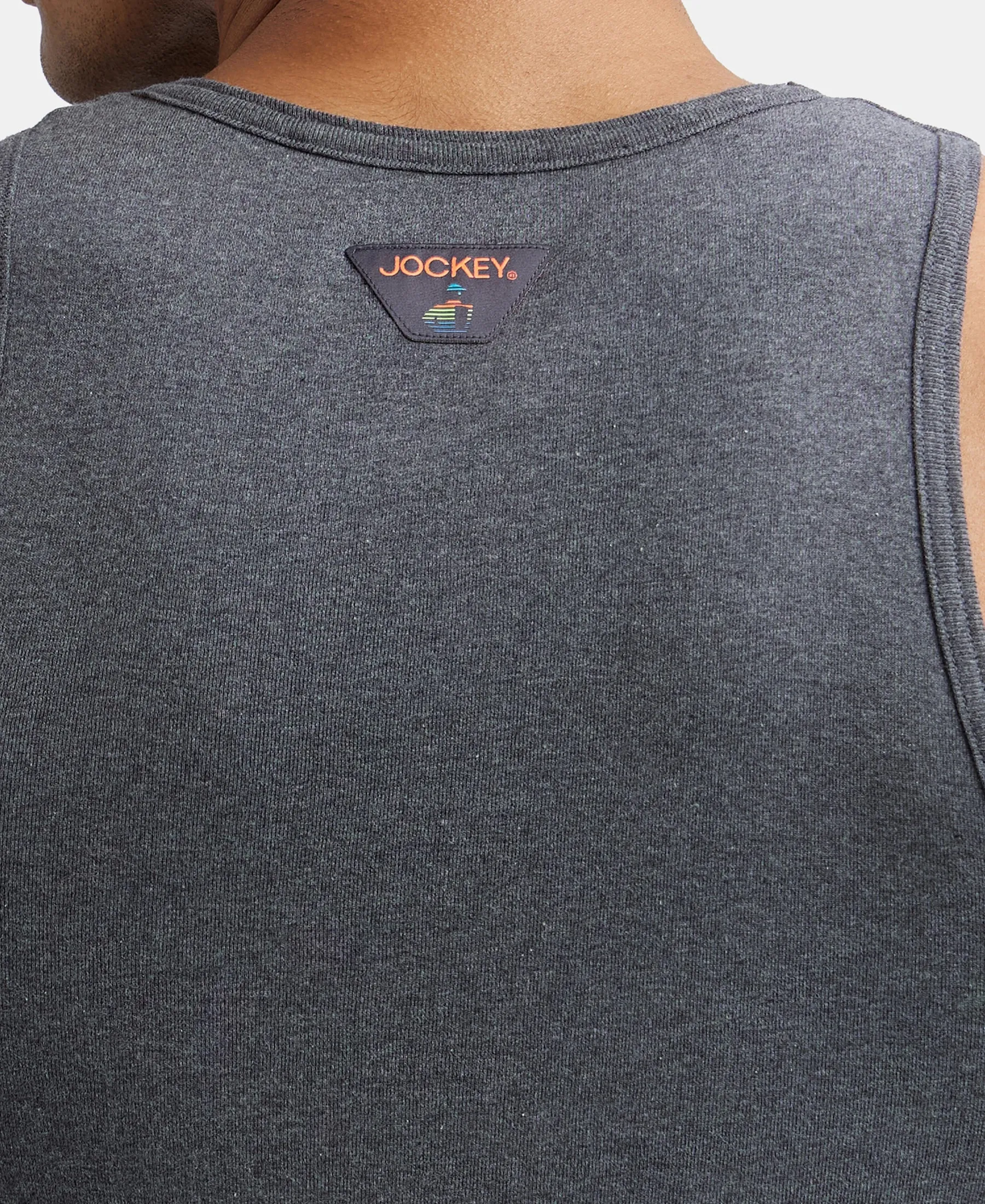 Super Combed Cotton Rib Round Neck Sleeveless Vest - Charcoal Melange & Neon Orange
