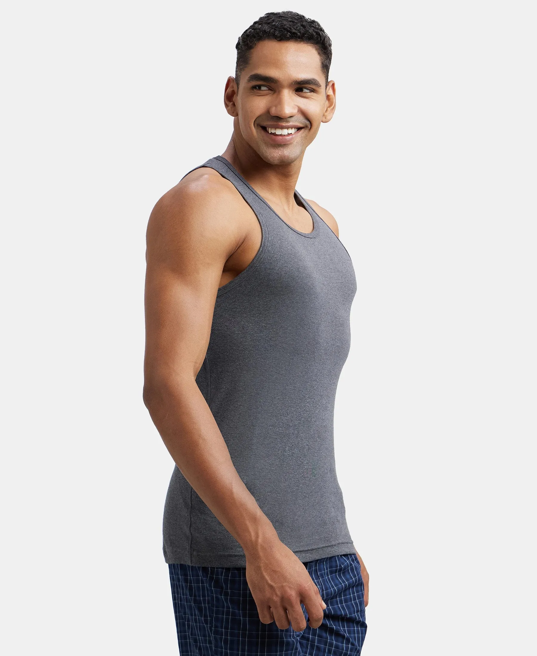 Super Combed Cotton Rib Round Neck Sleeveless Vest - Charcoal Melange & Neon Orange