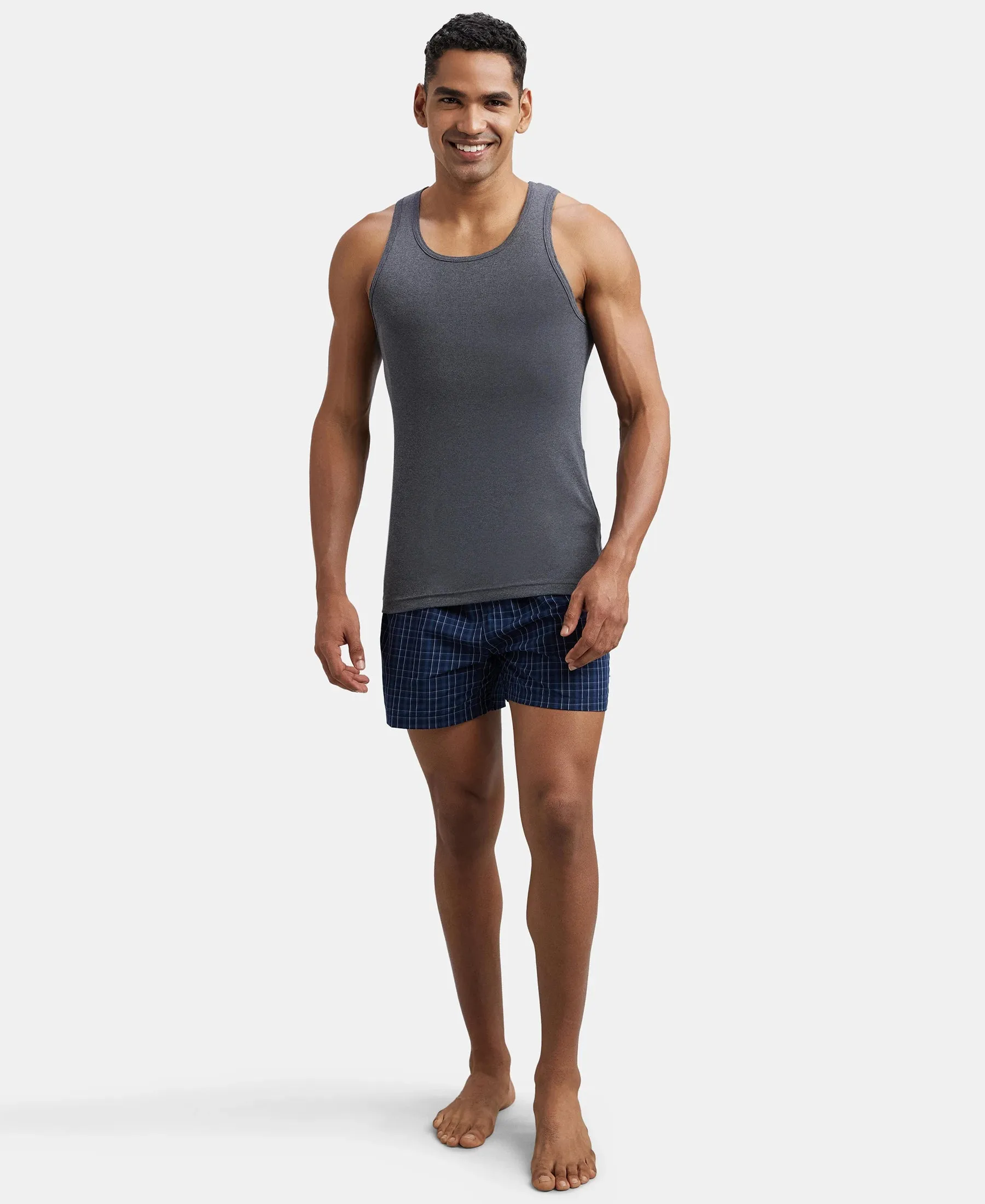 Super Combed Cotton Rib Round Neck Sleeveless Vest - Charcoal Melange & Neon Orange