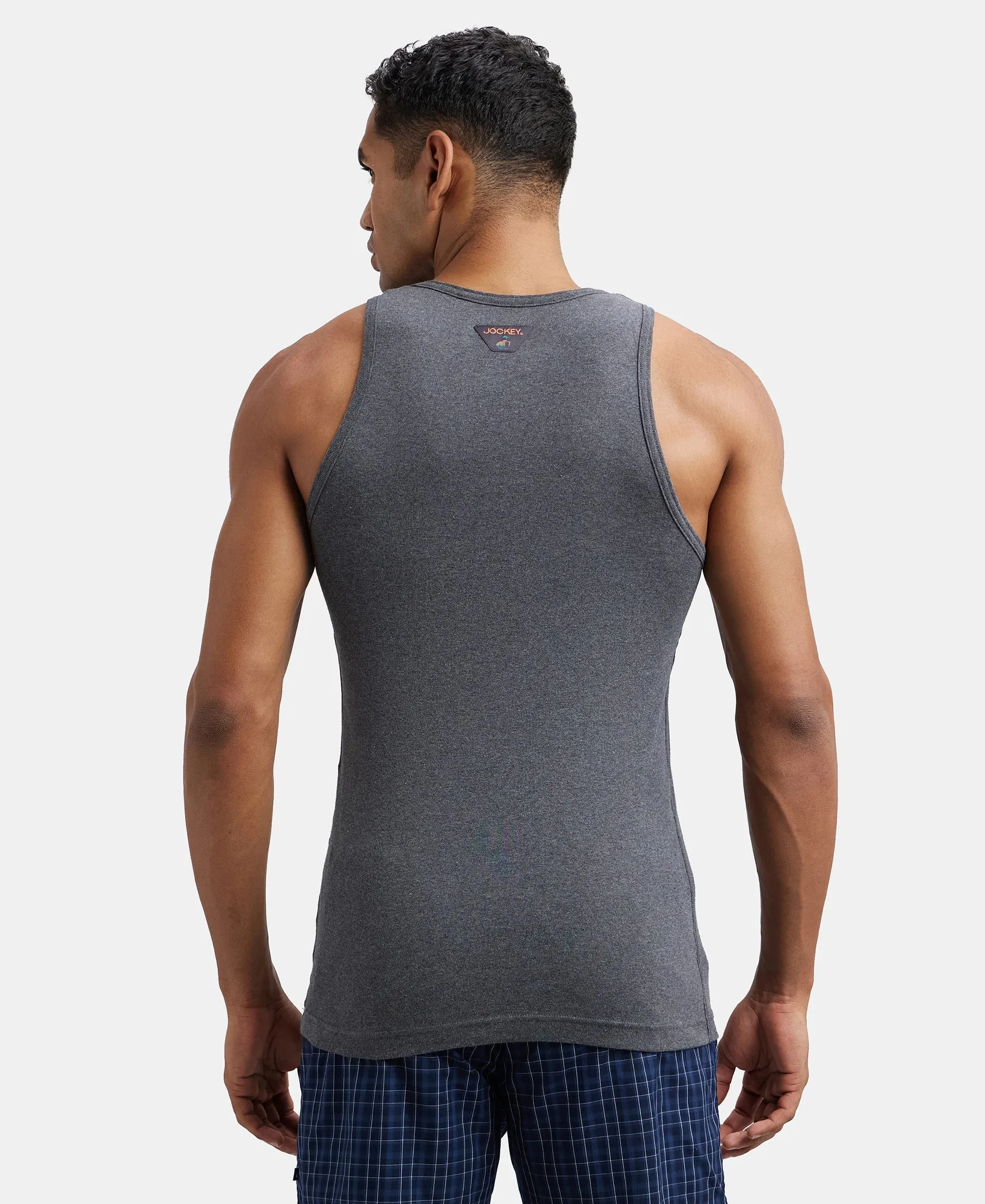 Super Combed Cotton Rib Round Neck Sleeveless Vest - Charcoal Melange & Neon Orange