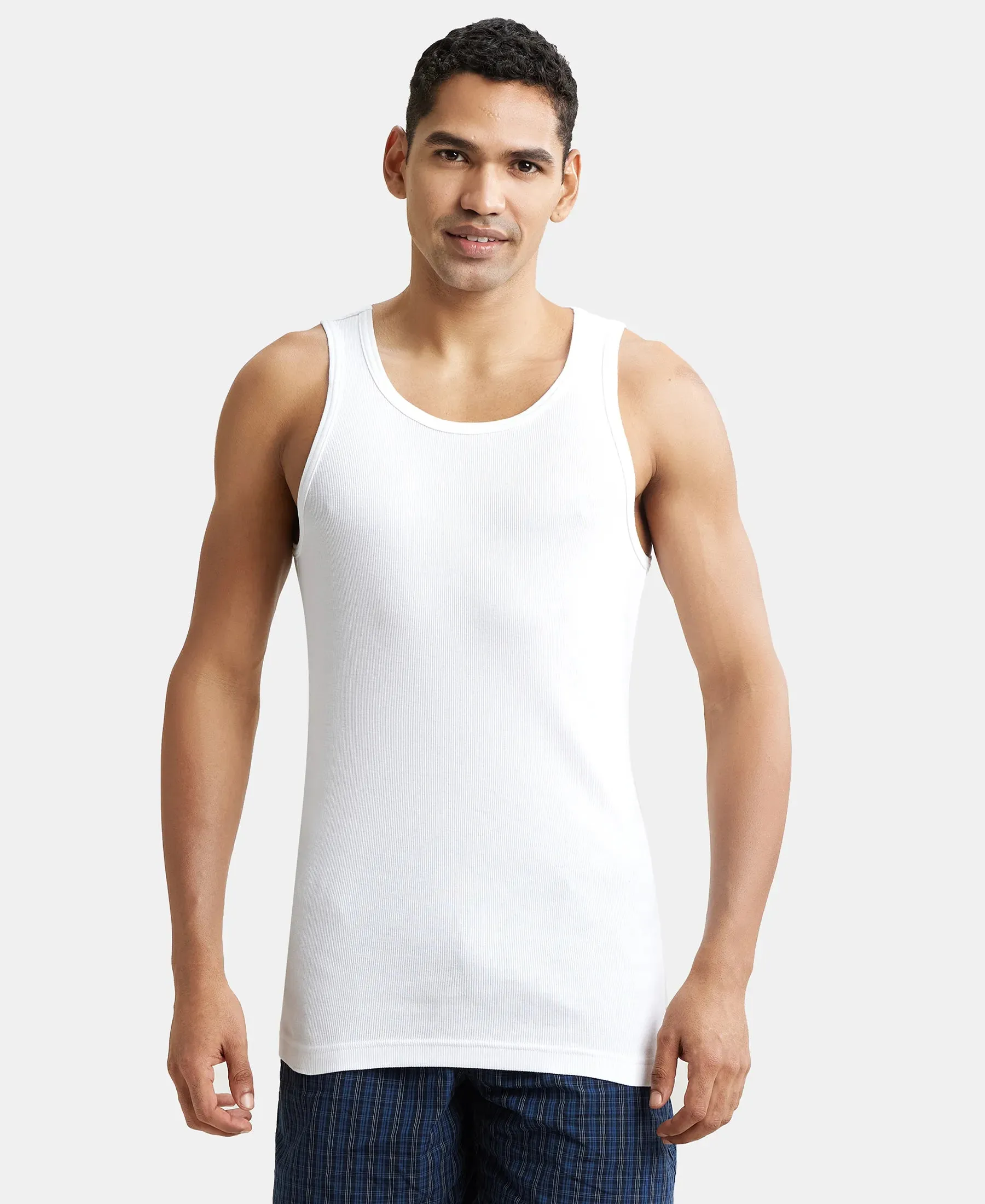 Super Combed Cotton Rib Round Neck Sleeveless Vest with StayFresh Properties - White (Pack of 2)