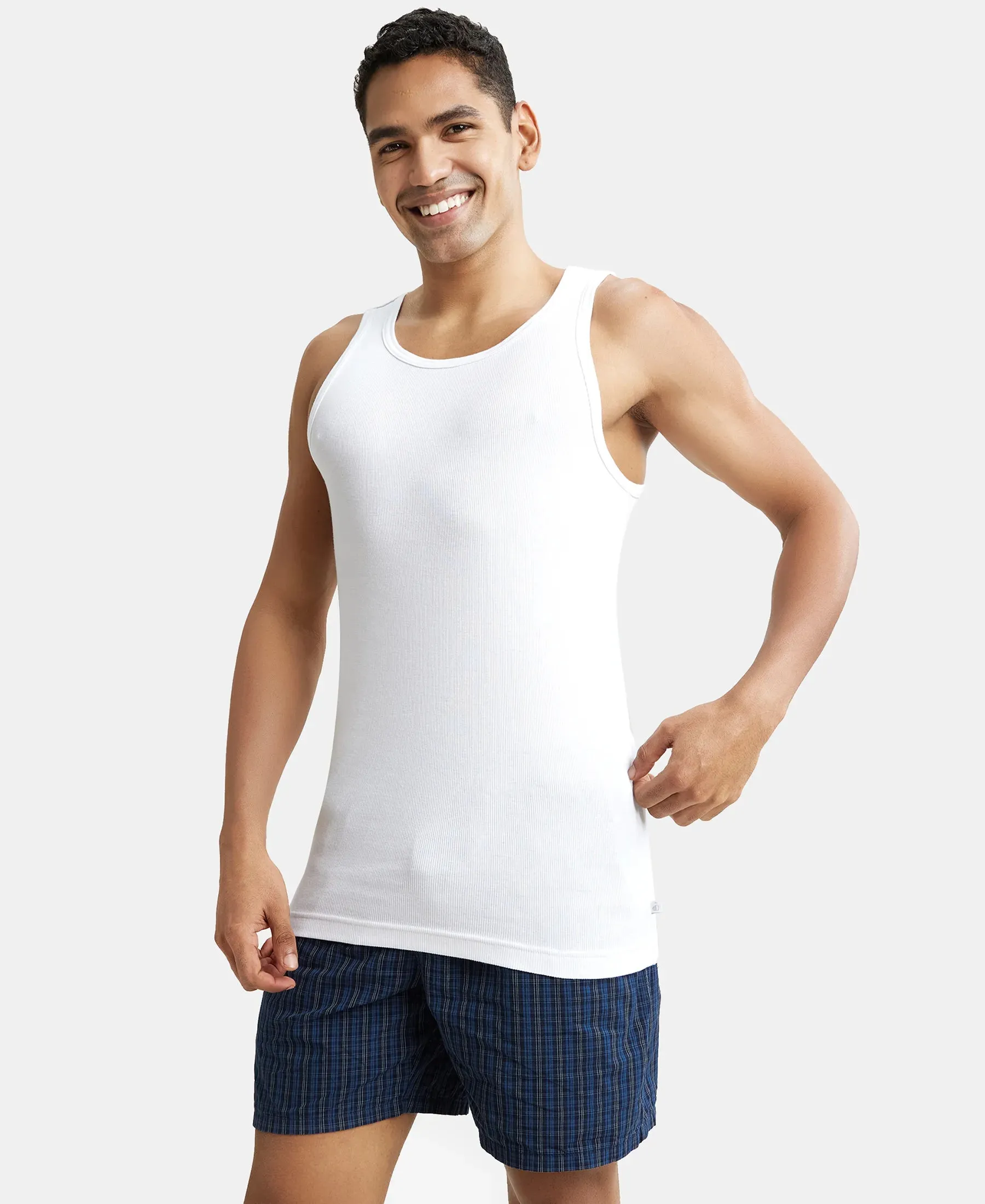 Super Combed Cotton Rib Round Neck Sleeveless Vest with StayFresh Properties - White (Pack of 3)