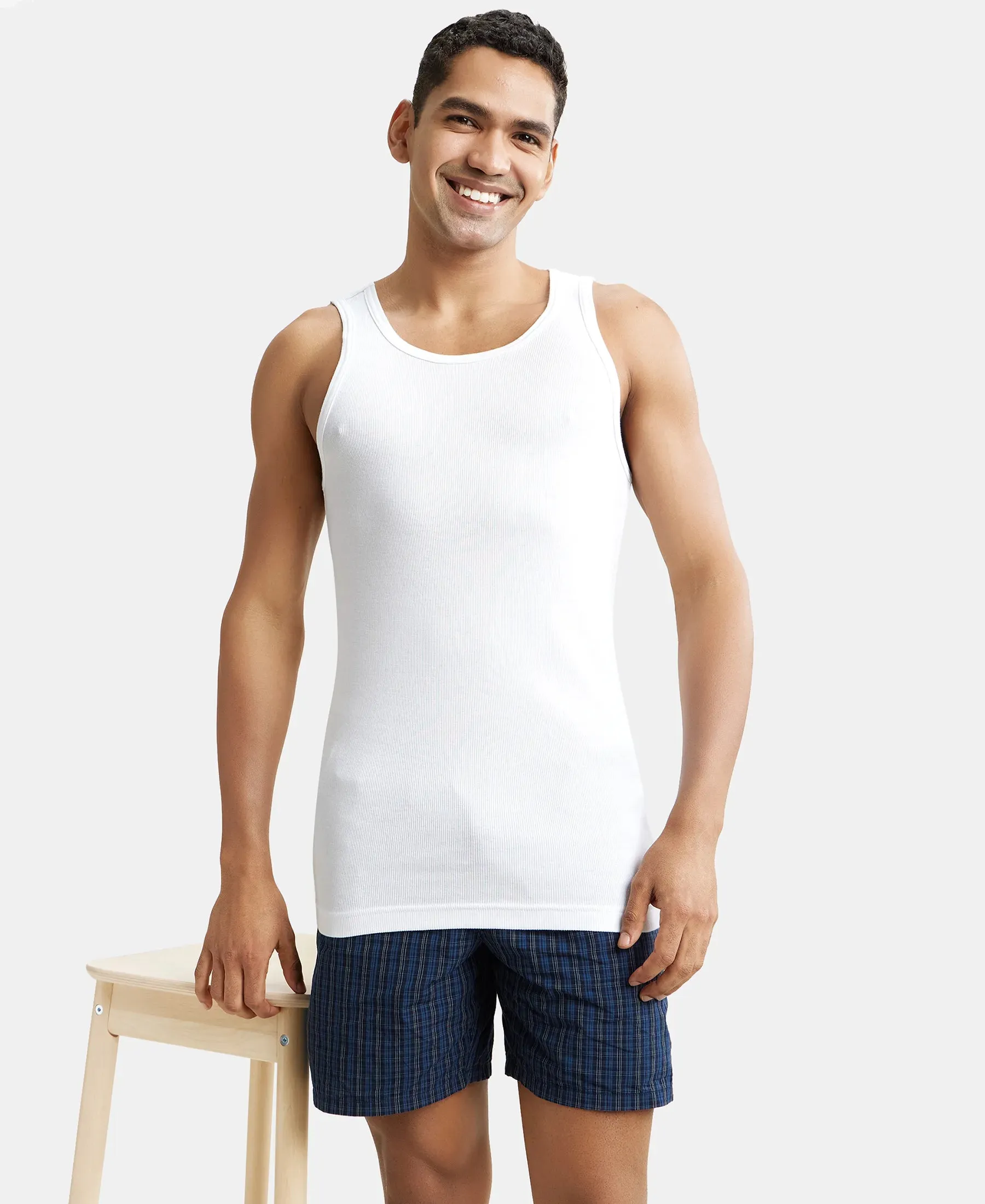 Super Combed Cotton Rib Round Neck Sleeveless Vest with StayFresh Properties - White (Pack of 3)