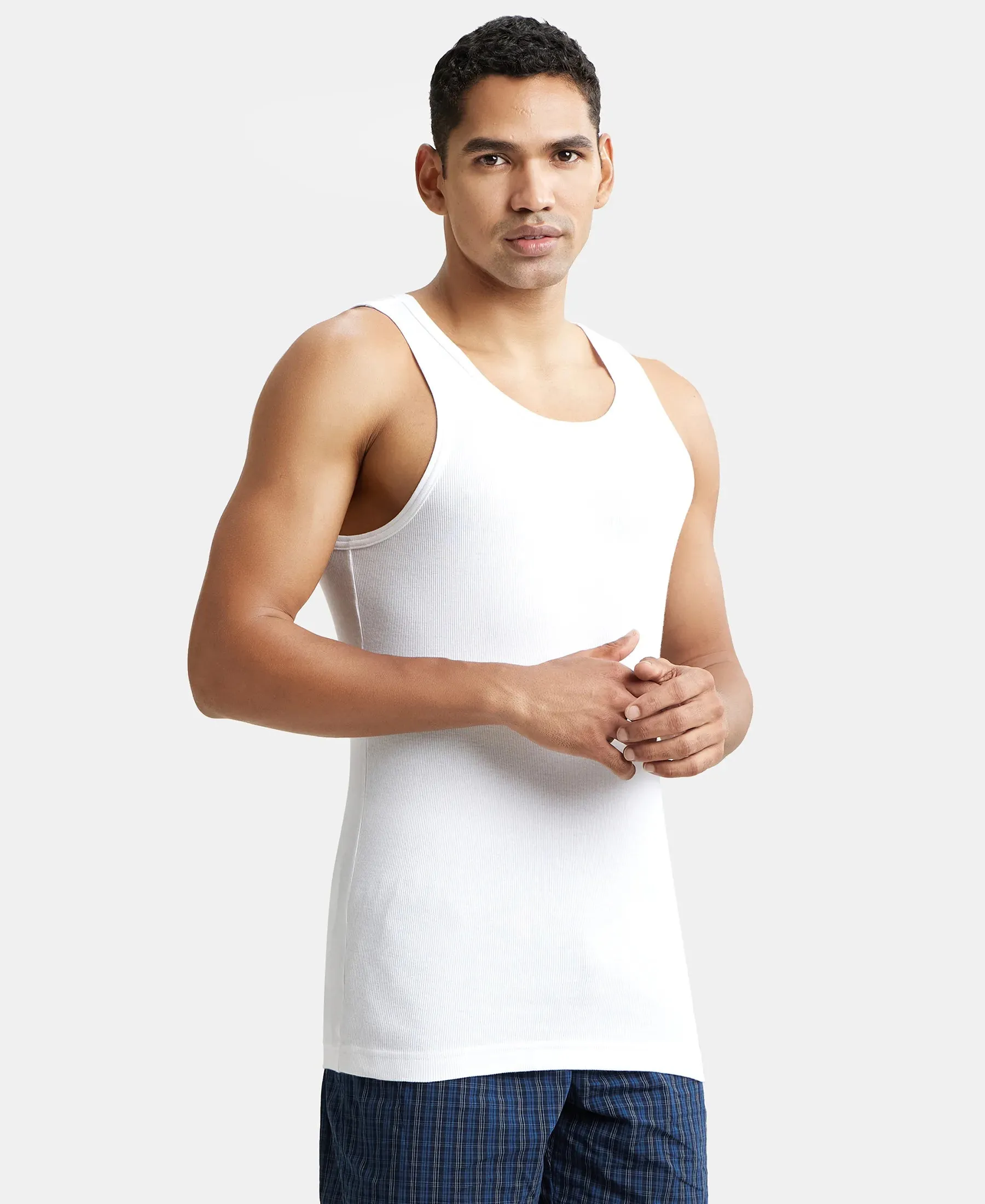 Super Combed Cotton Rib Round Neck Sleeveless Vest with StayFresh Properties - White (Pack of 3)