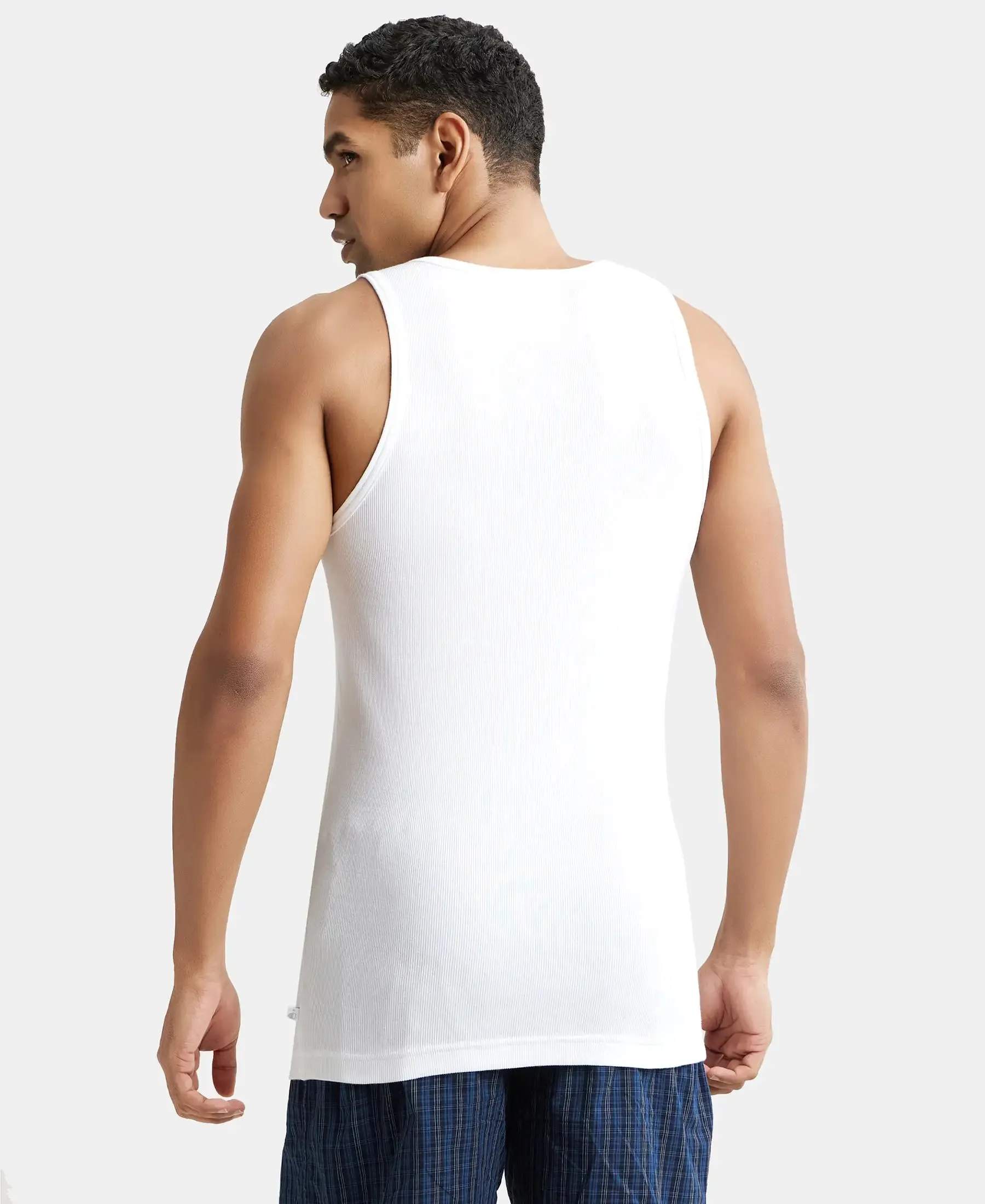 Super Combed Cotton Rib Round Neck Sleeveless Vest with StayFresh Properties - White