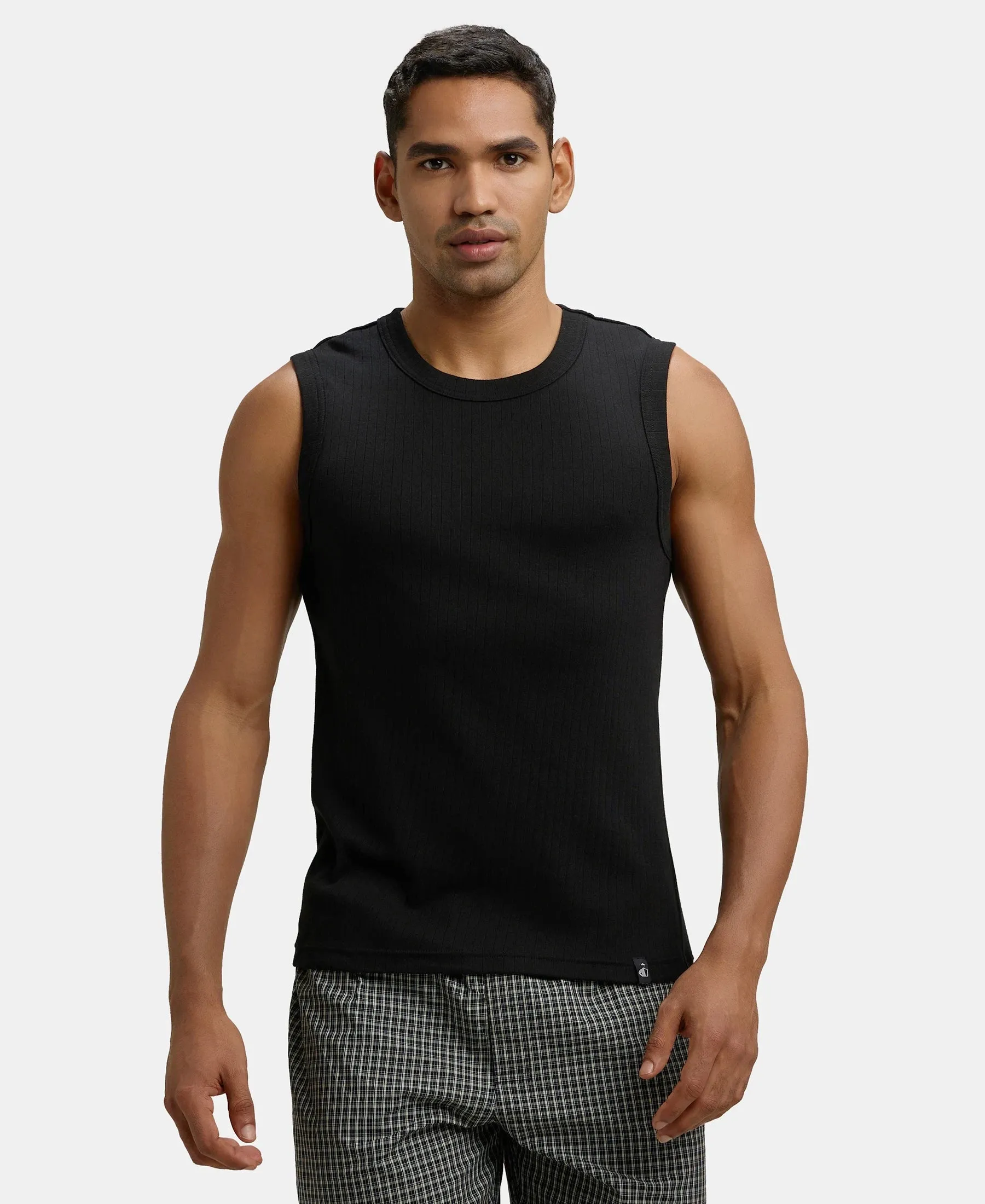 Super Combed Cotton Rib Solid Round Neck Muscle Vest - Black