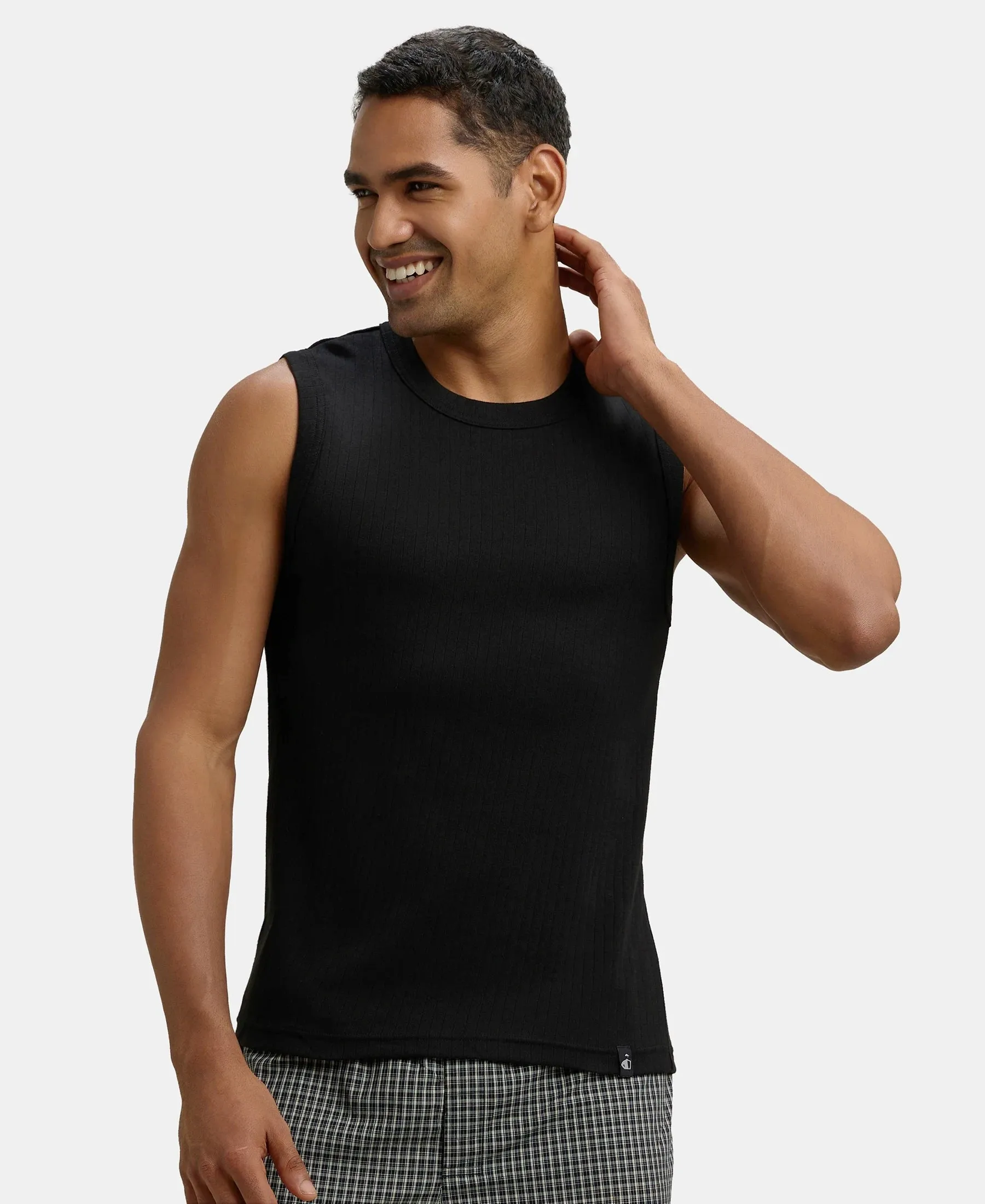 Super Combed Cotton Rib Solid Round Neck Muscle Vest - Black