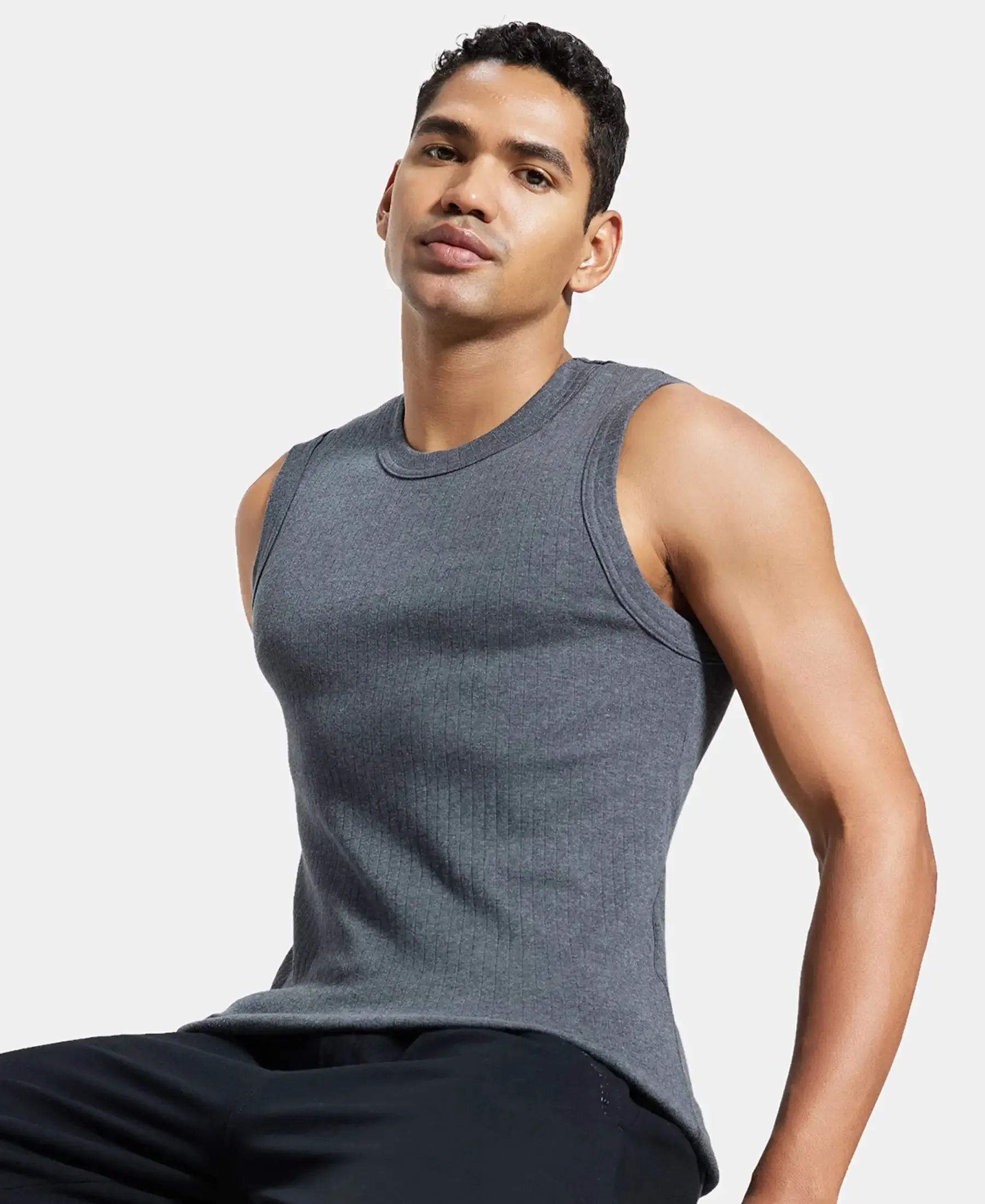 Super Combed Cotton Rib Solid Round Neck Muscle Vest - Charcoal Melange