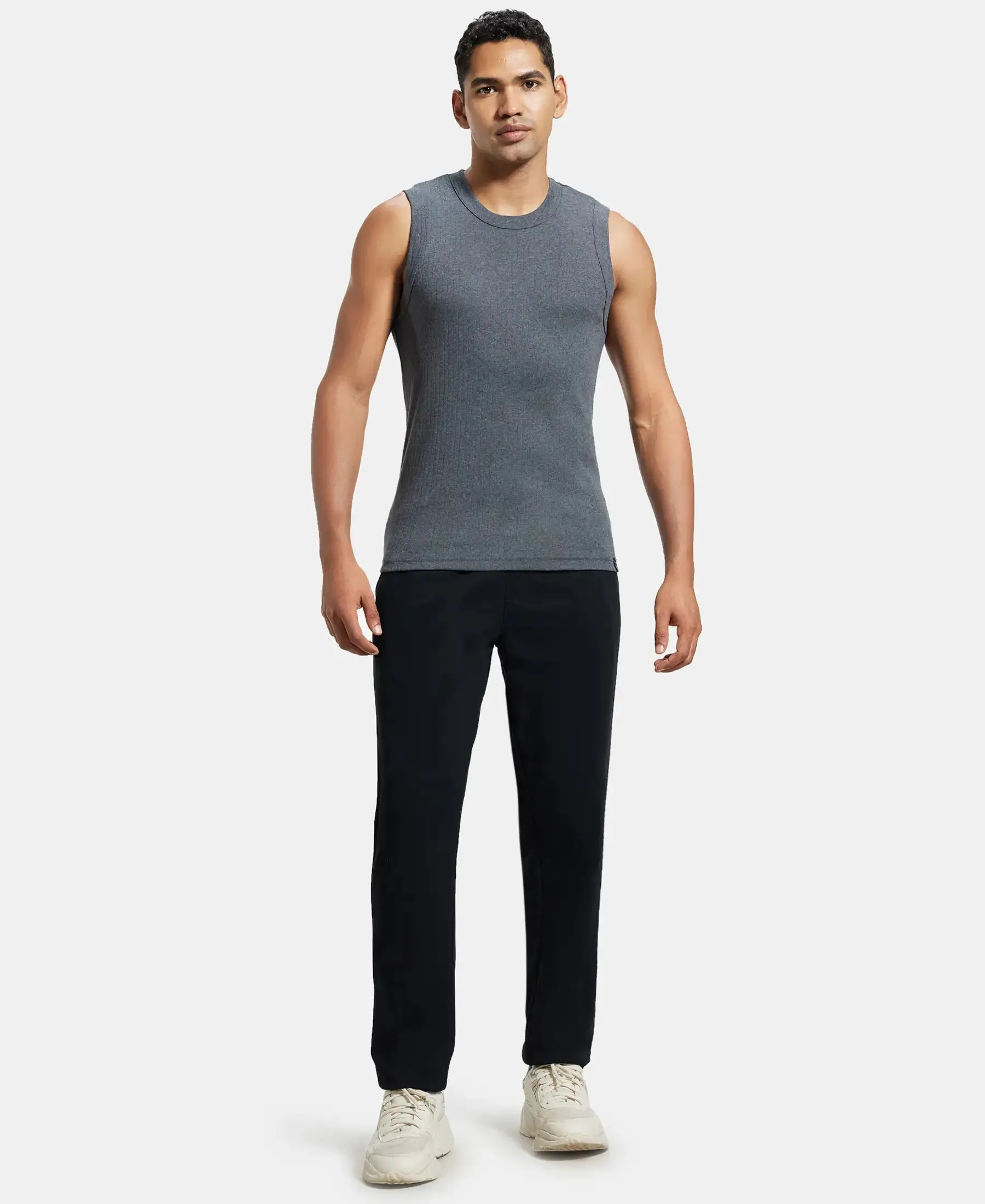 Super Combed Cotton Rib Solid Round Neck Muscle Vest - Charcoal Melange