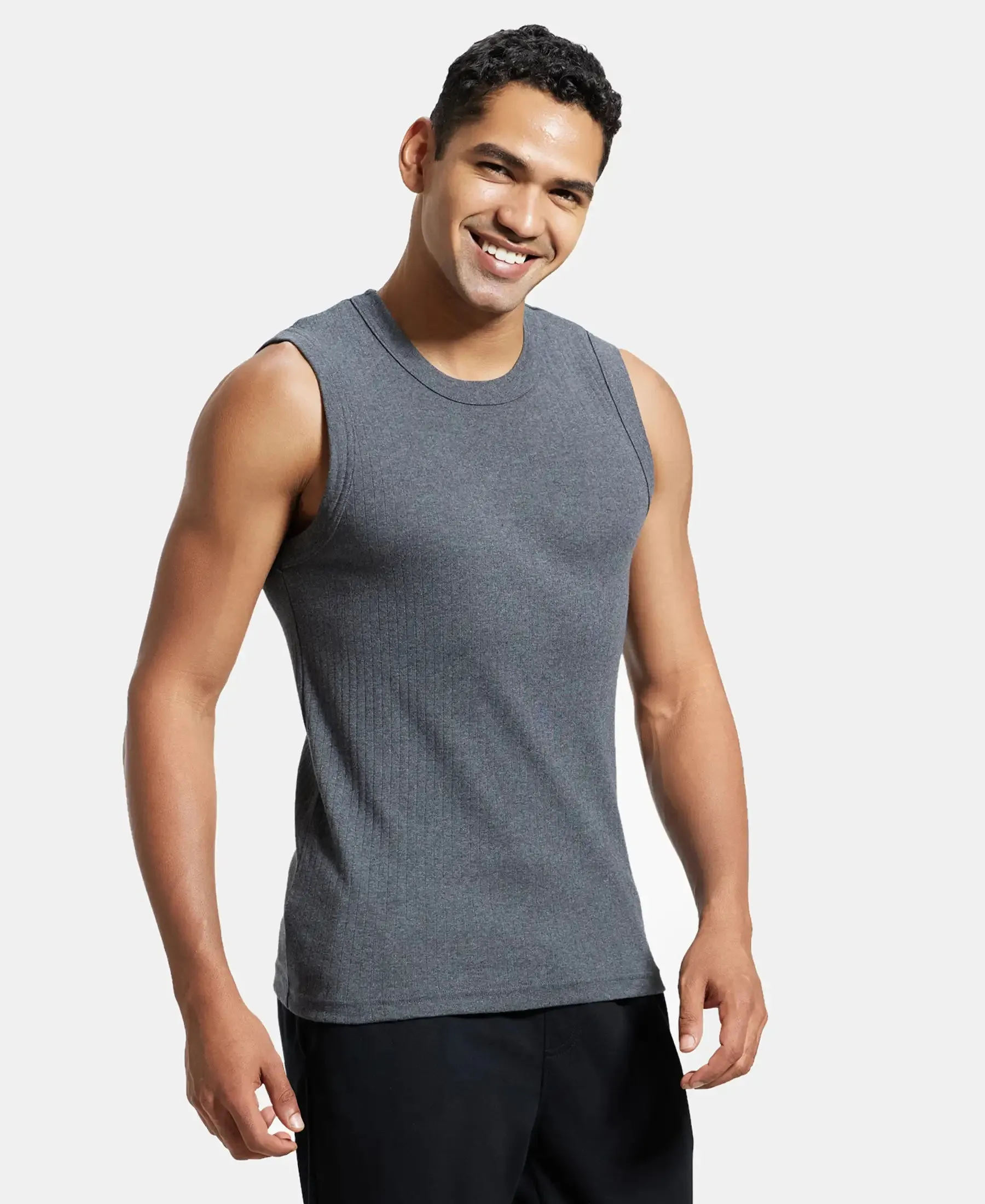 Super Combed Cotton Rib Solid Round Neck Muscle Vest - Charcoal Melange