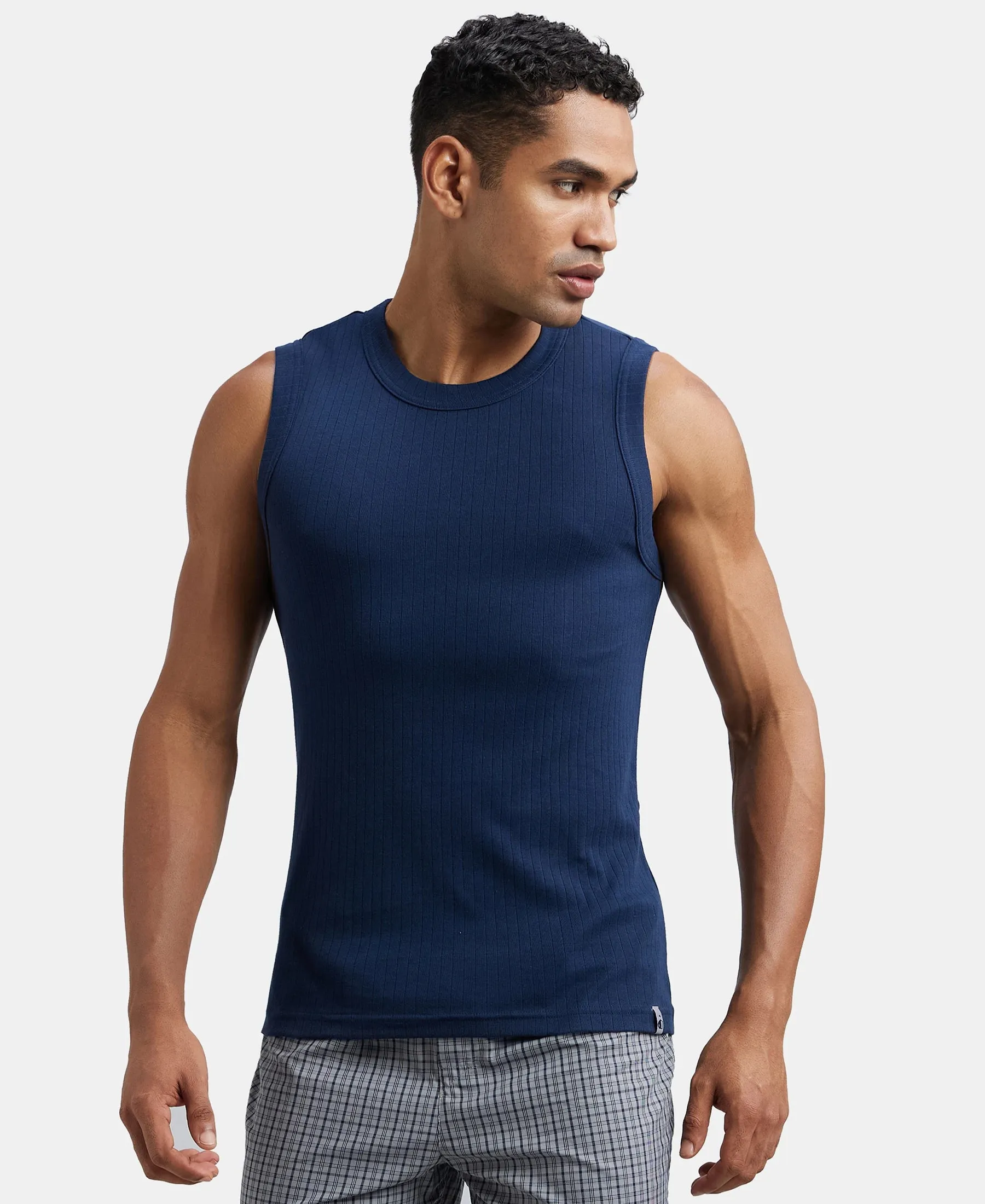 Super Combed Cotton Rib Solid Round Neck Muscle Vest - Navy