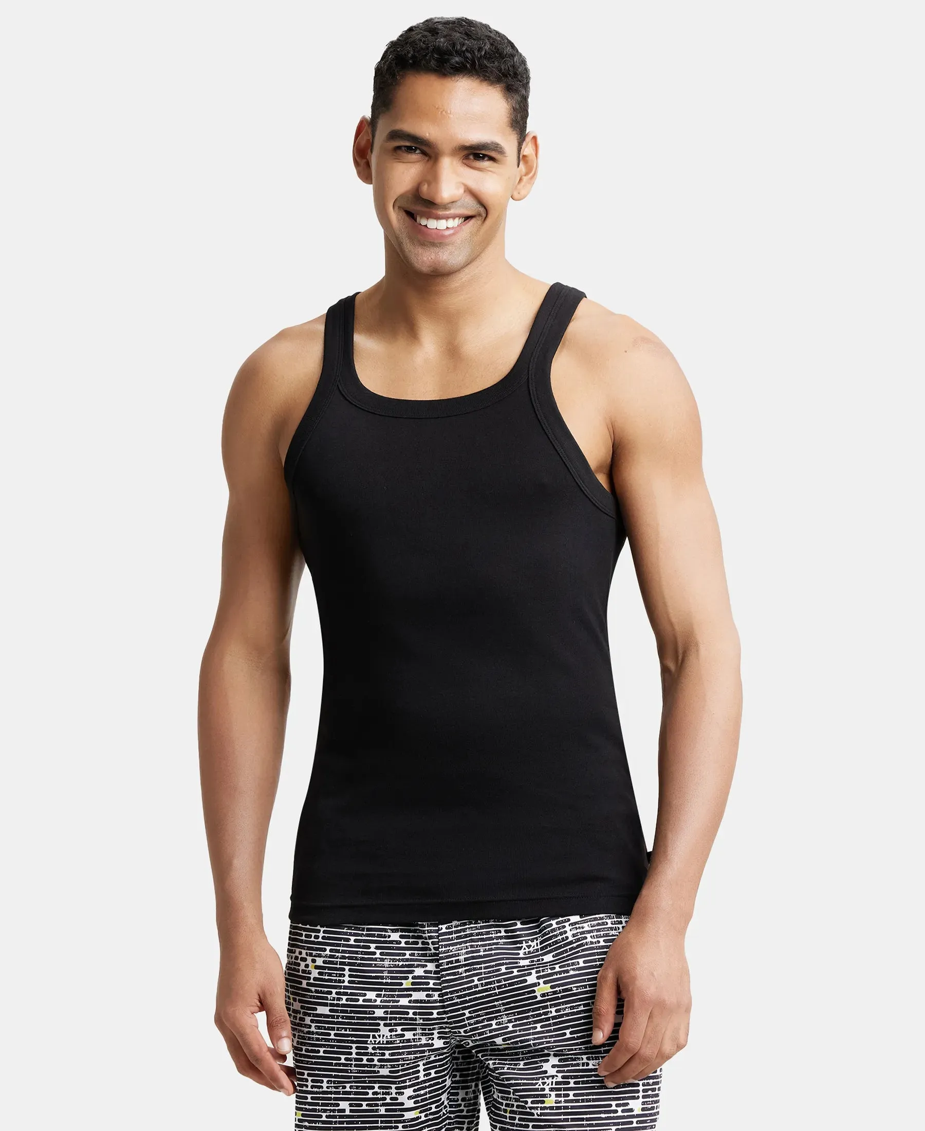 Super Combed Cotton Rib Square Neck Gym Vest - Black (Pack of 2)