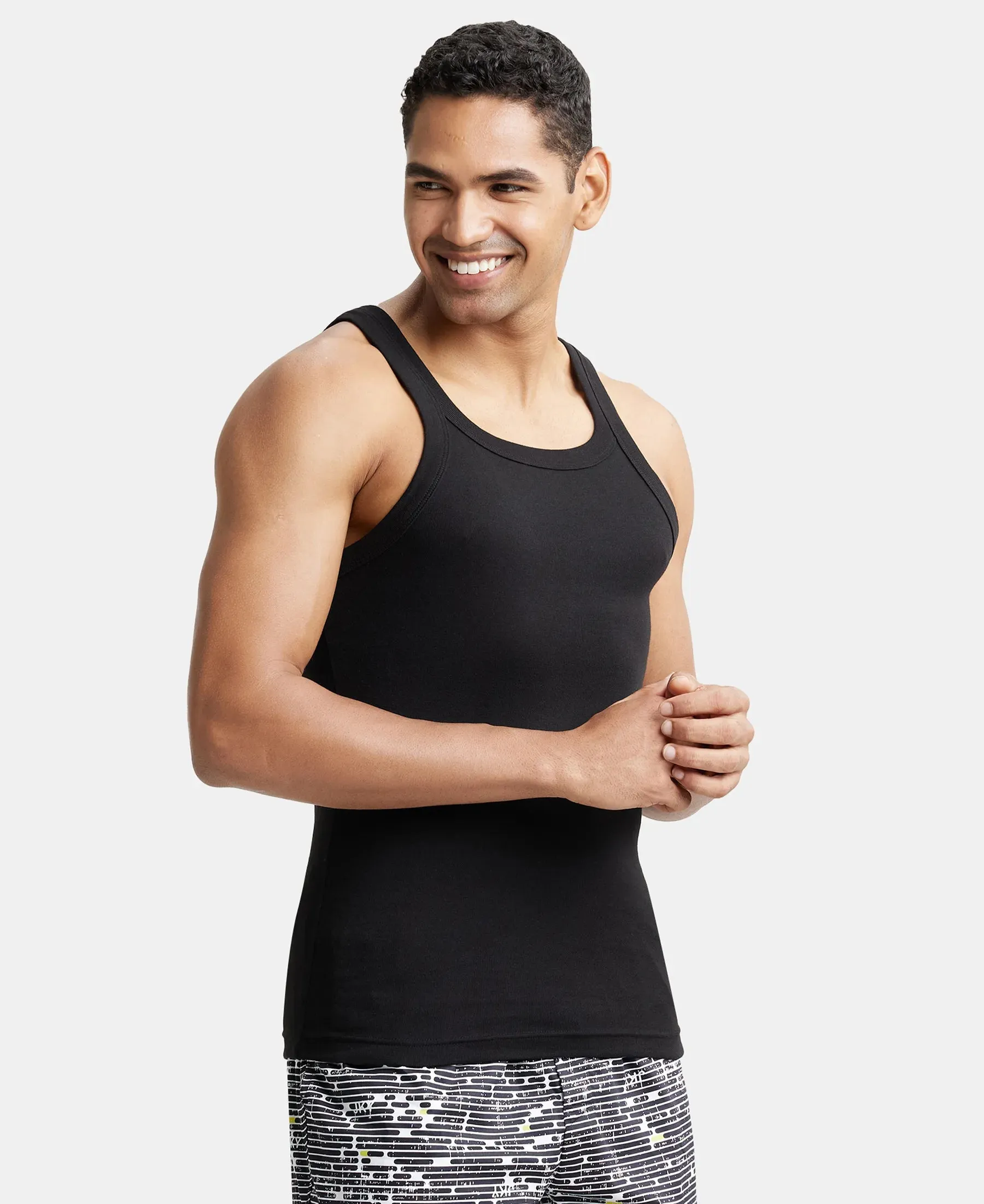 Super Combed Cotton Rib Square Neck Gym Vest - Black (Pack of 2)
