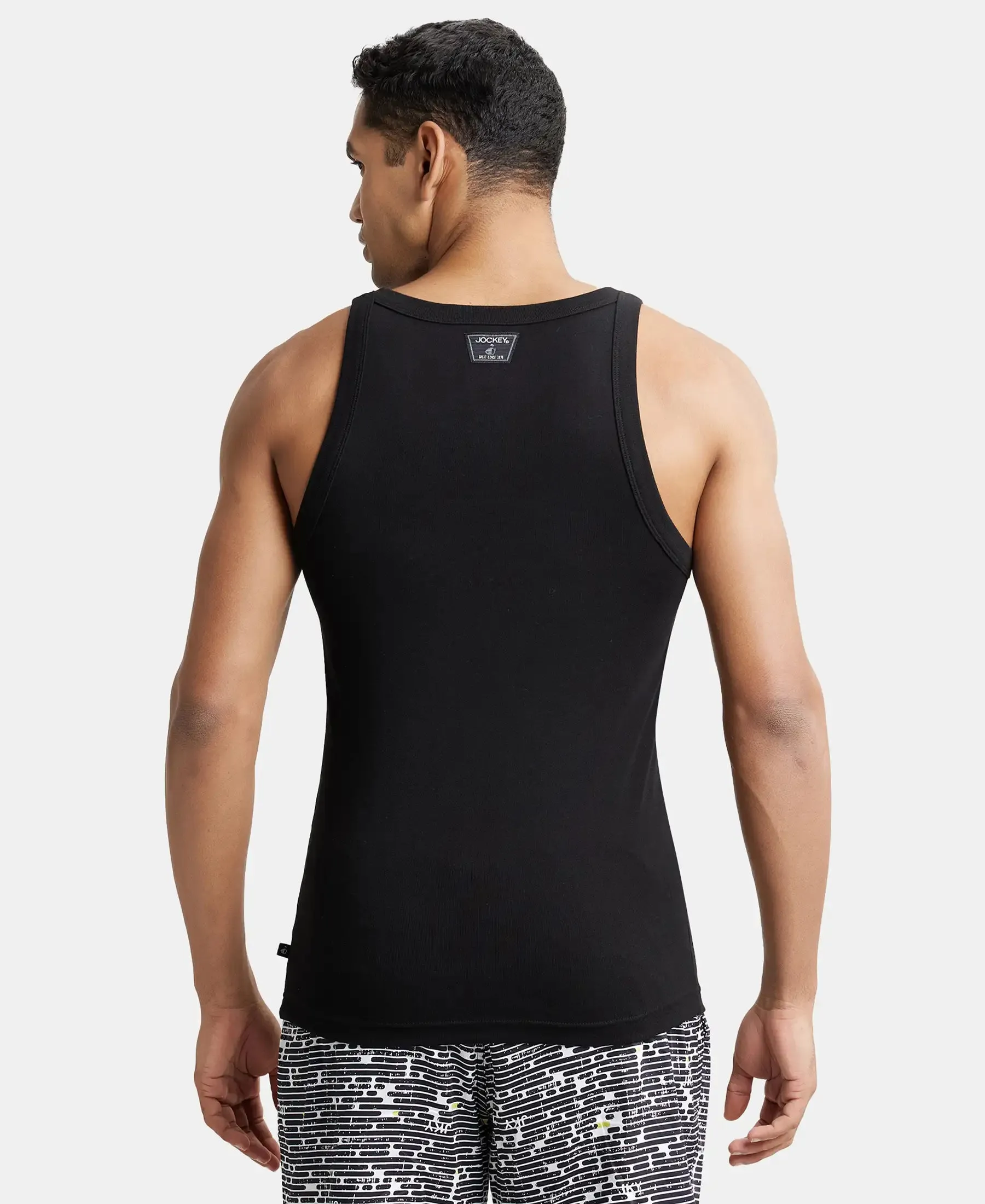 Super Combed Cotton Rib Square Neck Gym Vest - Black