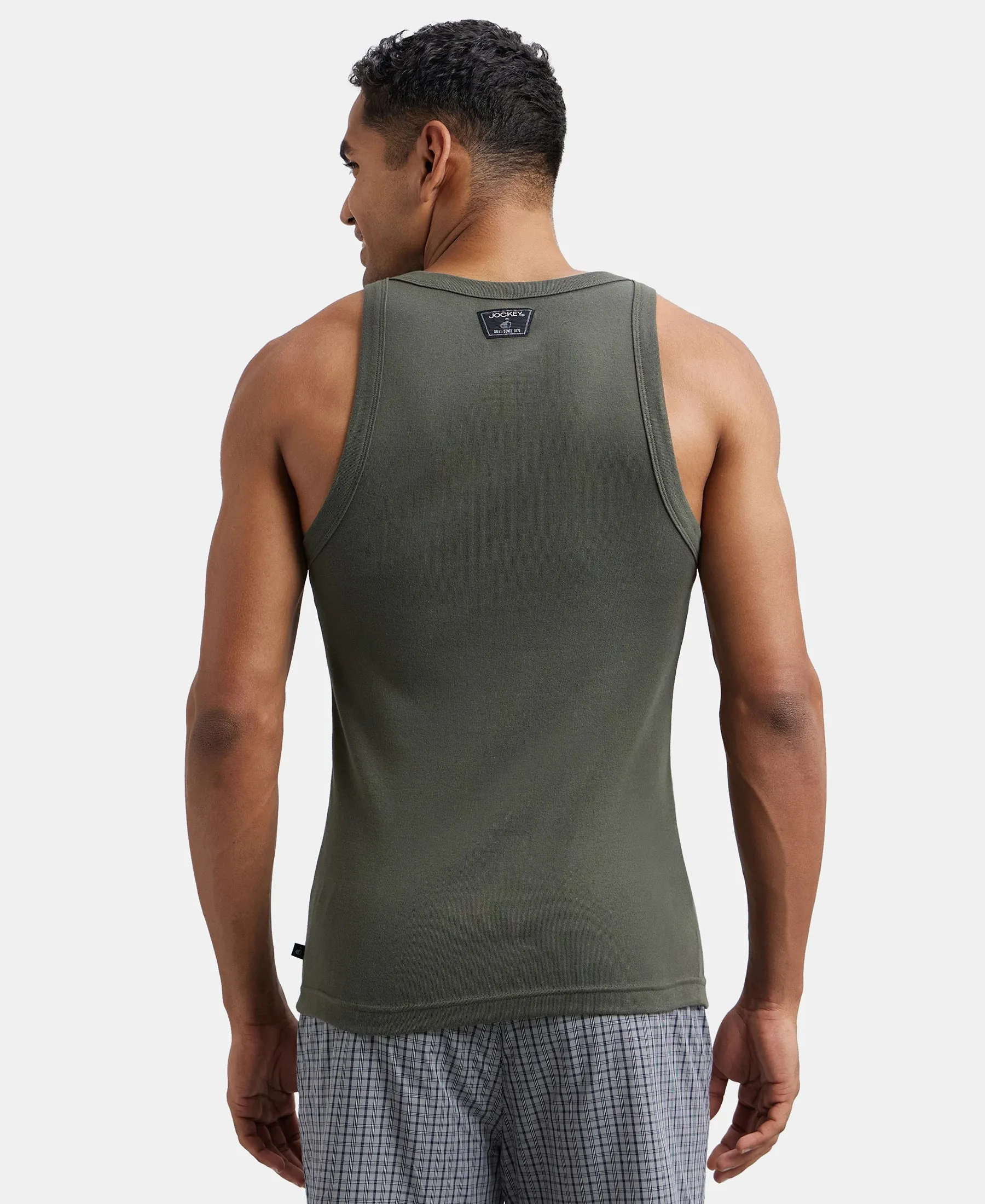 Super Combed Cotton Rib Square Neck Gym Vest - Deep Olive