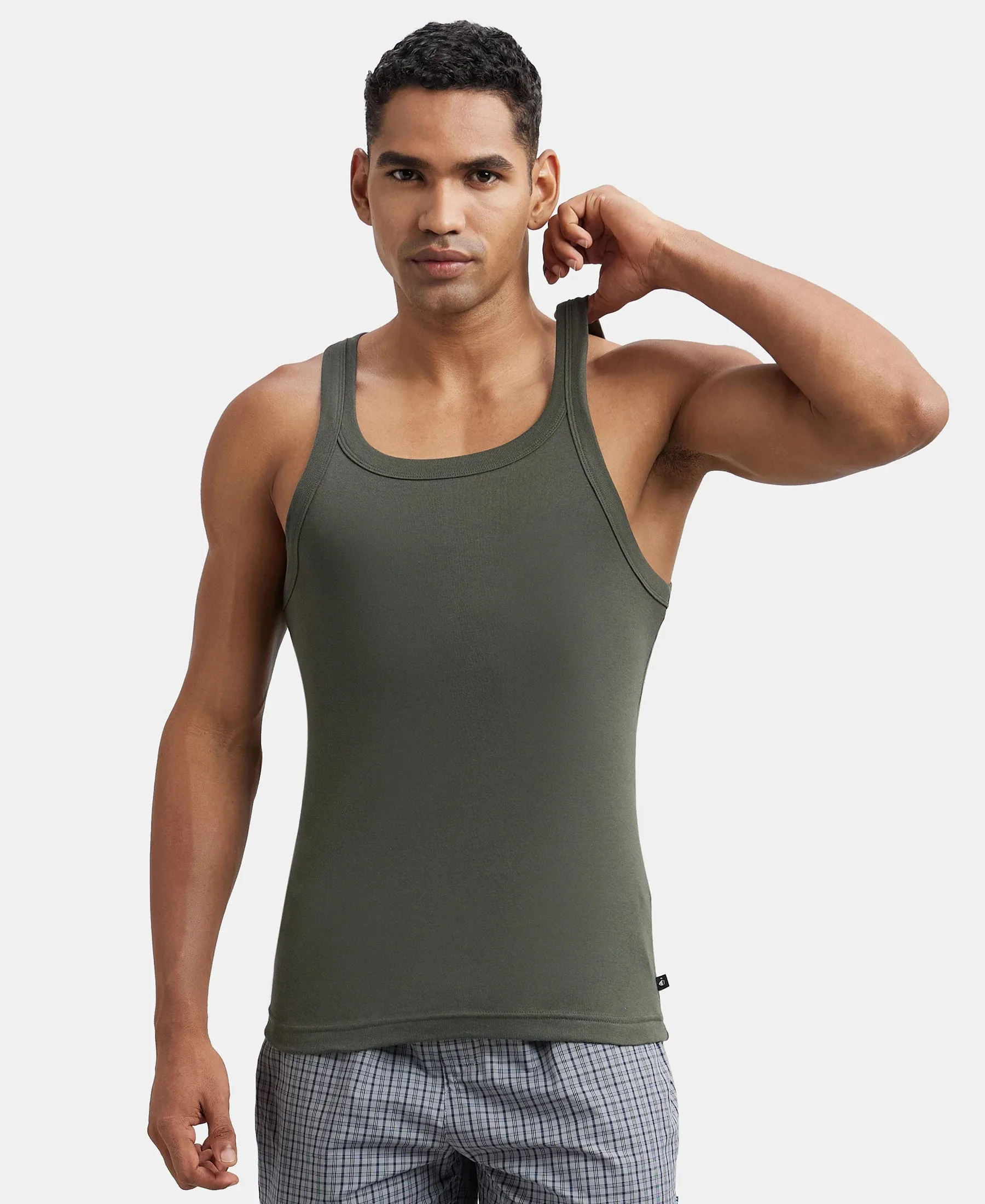 Super Combed Cotton Rib Square Neck Gym Vest - Deep Olive