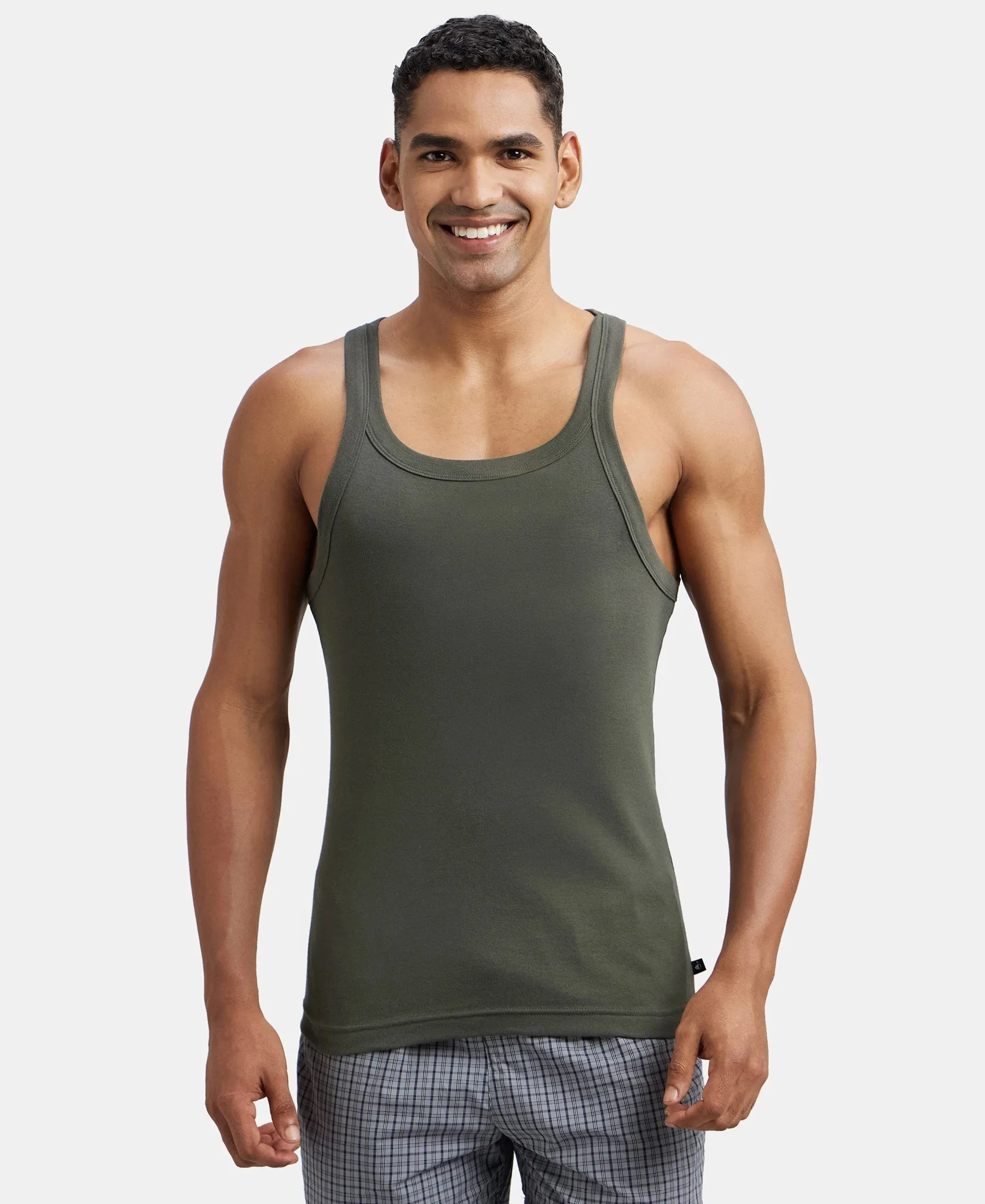 Super Combed Cotton Rib Square Neck Gym Vest - Deep Olive
