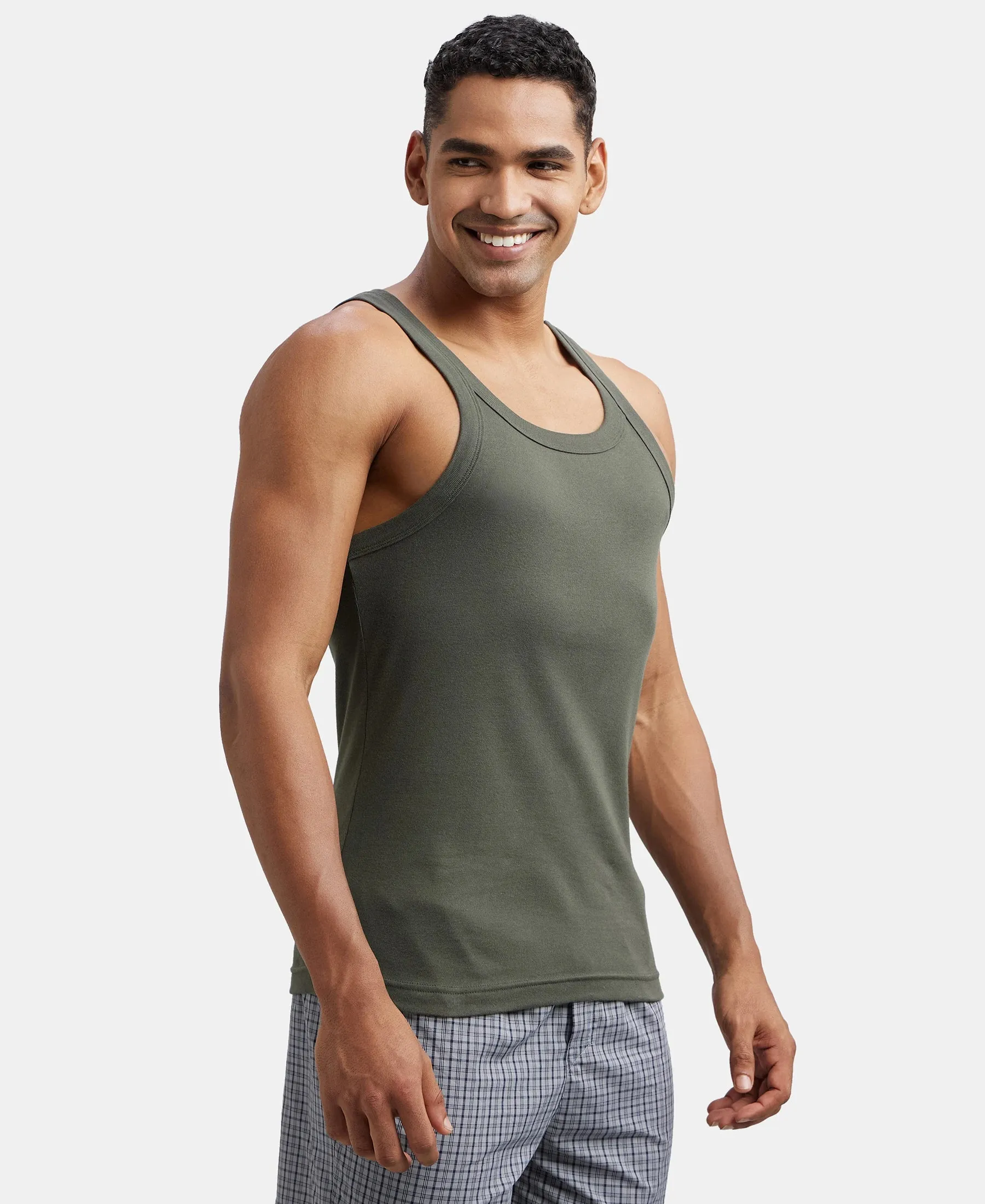 Super Combed Cotton Rib Square Neck Gym Vest - Deep Olive